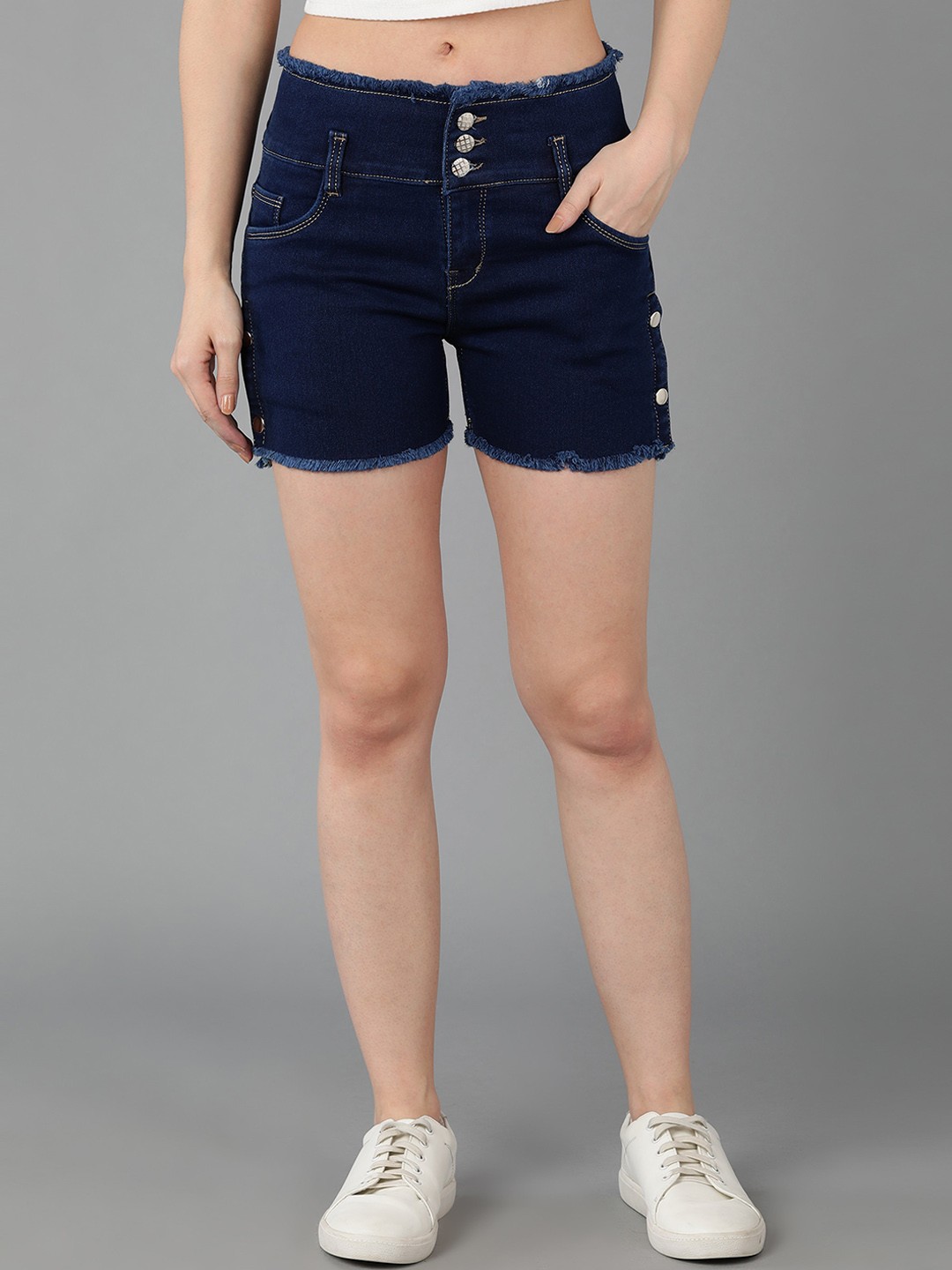 

F2M Women Navy Blue Slim Fit High-Rise Denim Shorts