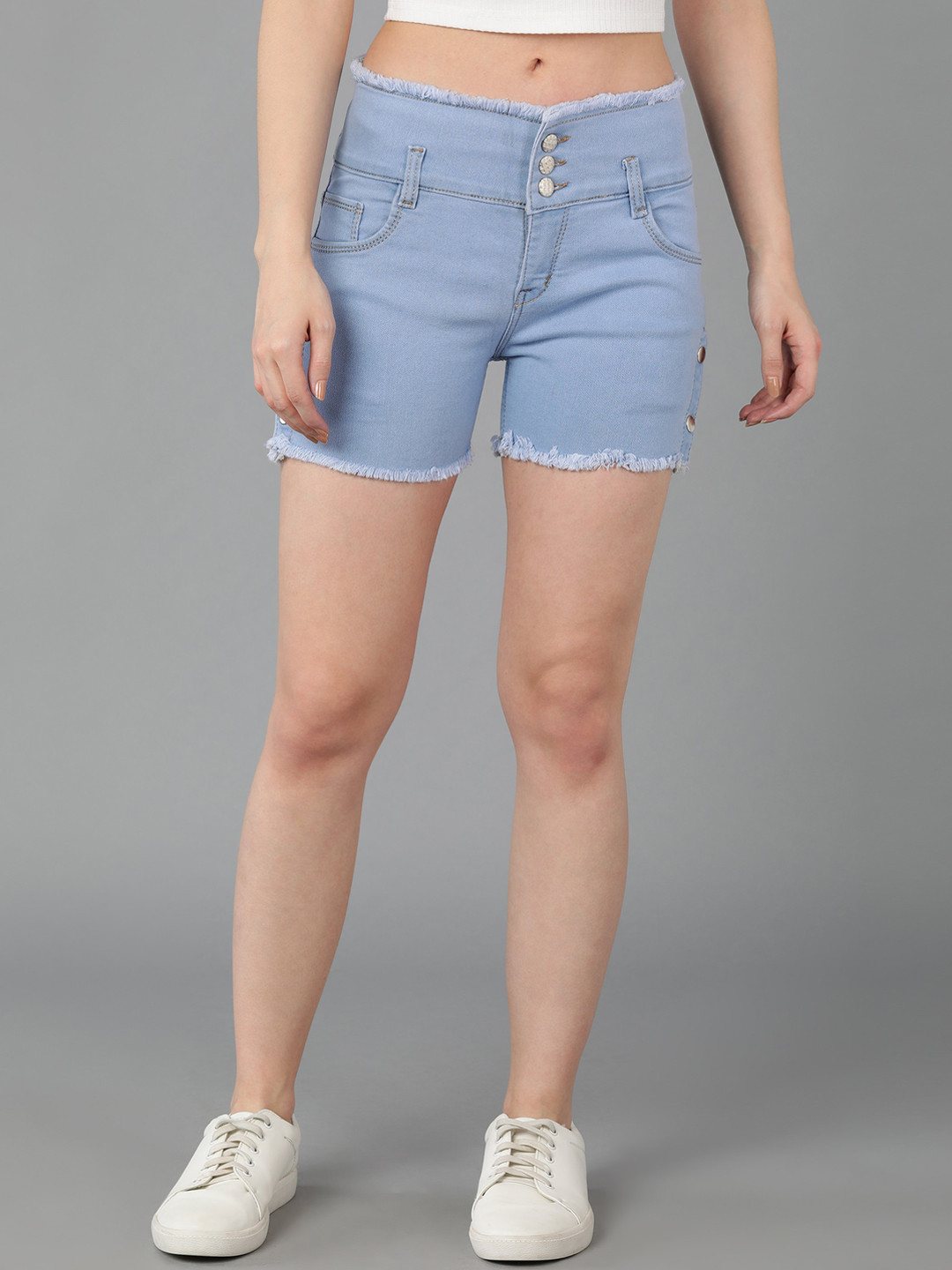 

F2M Women High-Rise e-Dry Technology Denim Shorts, Turquoise blue