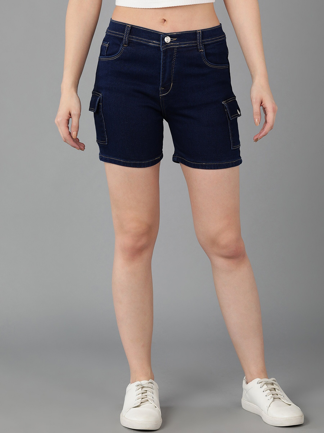 

F2M Women Slim Fit High-Rise e-Dry Technology Denim Shorts, Navy blue