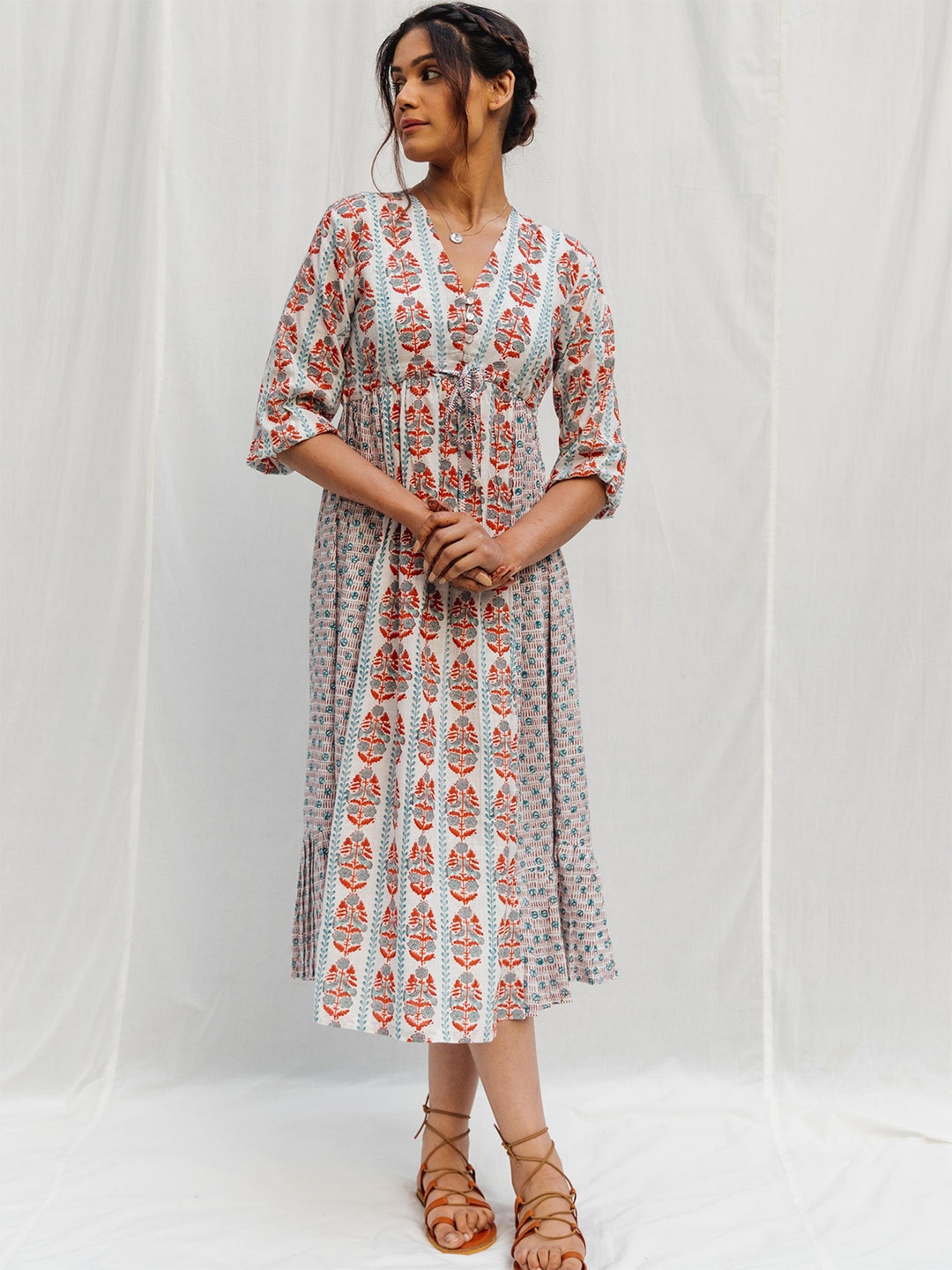 

MYAARA White Cotton Ethnic Motifs Ethnic A-Line Midi Dress