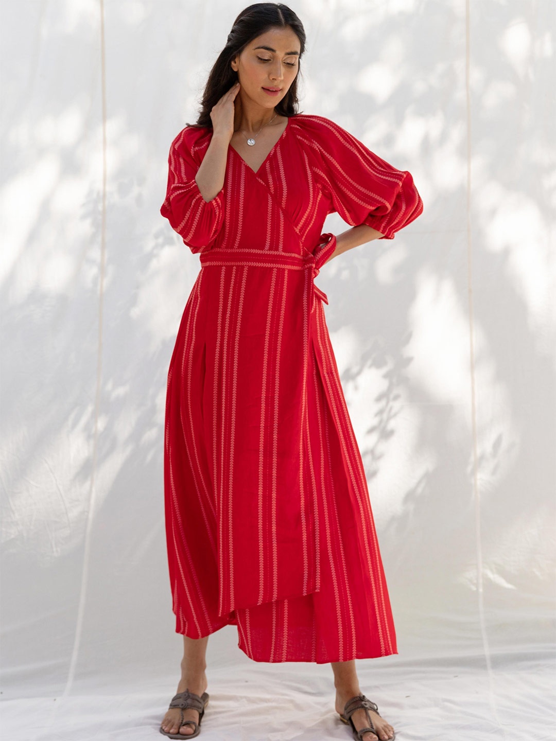 

MYAARA Red Cotton Striped Ethnic Maxi Dress