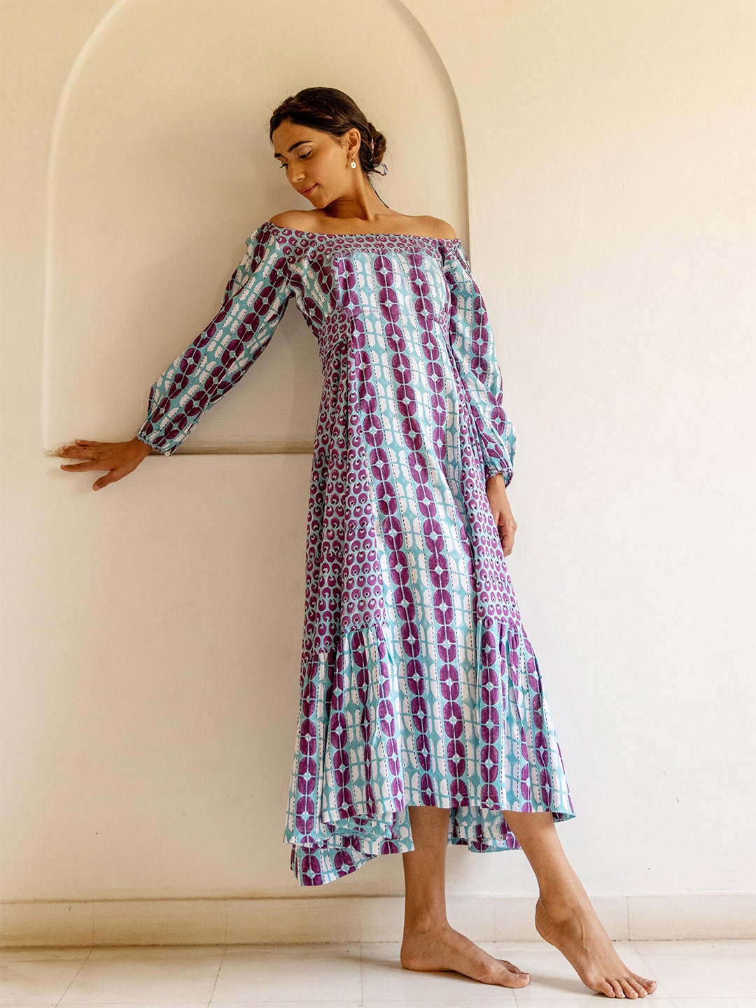 

MYAARA Blue Cotton Off-Shoulder Ethnic A-Line Maxi Dress