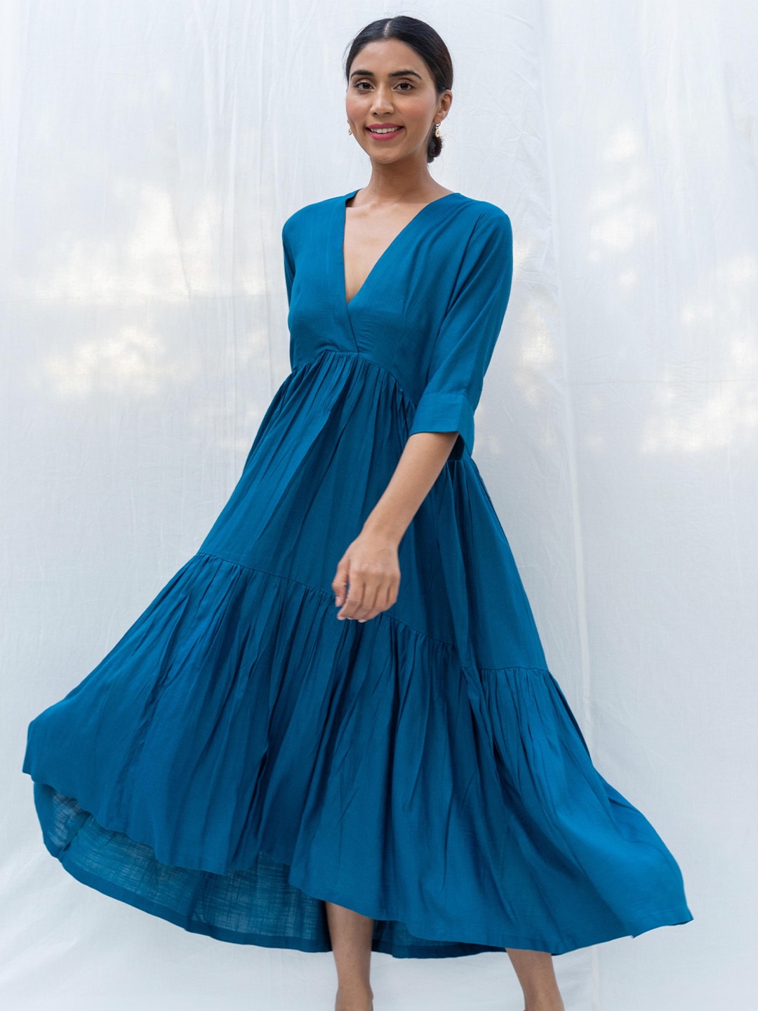 

MYAARA V-Neck Tiered Cotton Maxi Dress, Blue