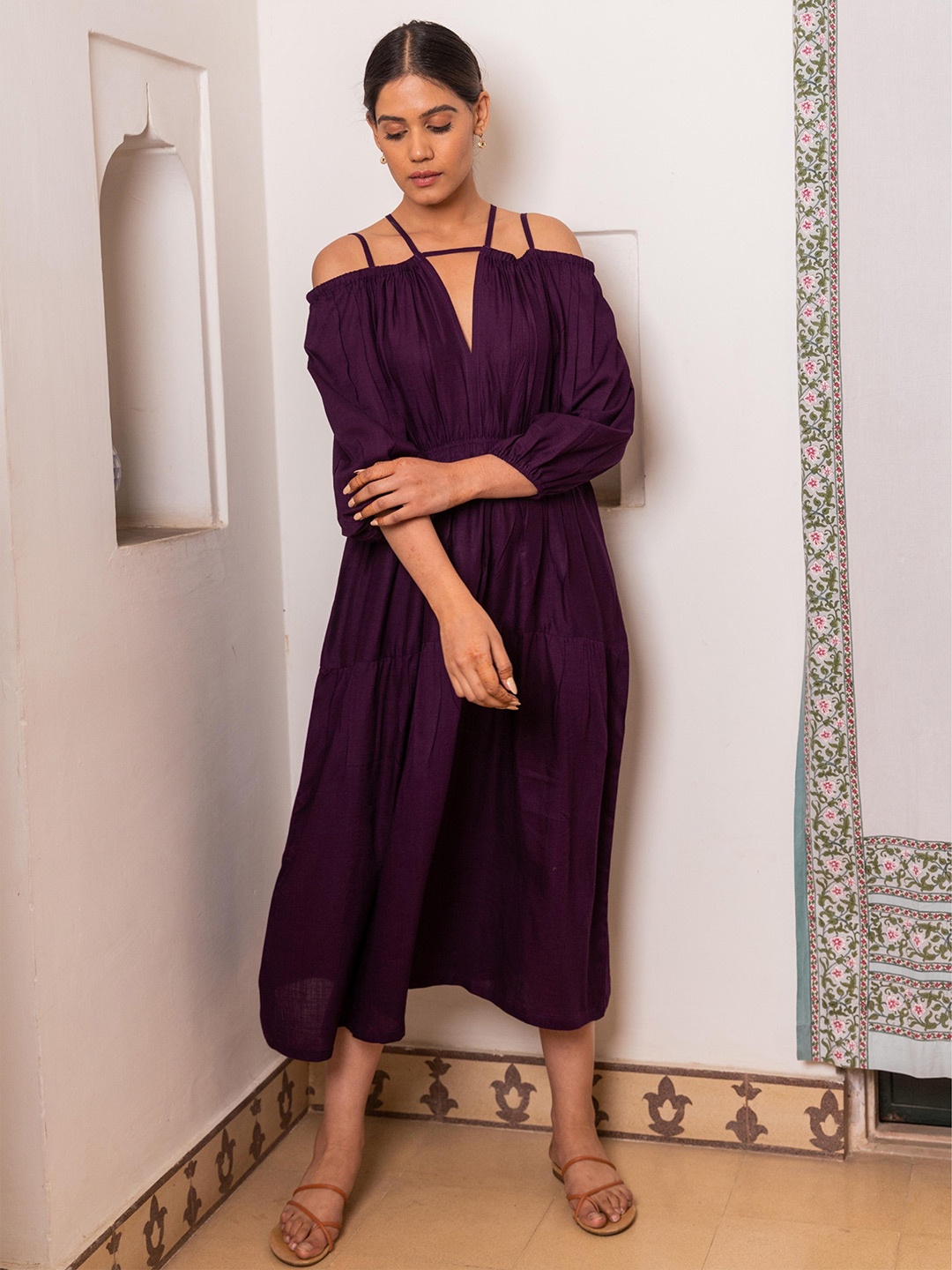 

MYAARA Off-Shoulder Cotton Midi Dress, Purple