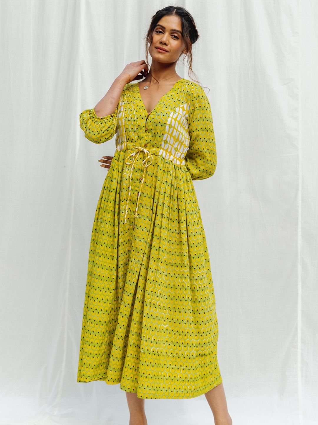 

MYAARA Printed V-Neck Cotton Midi Dress, Lime green