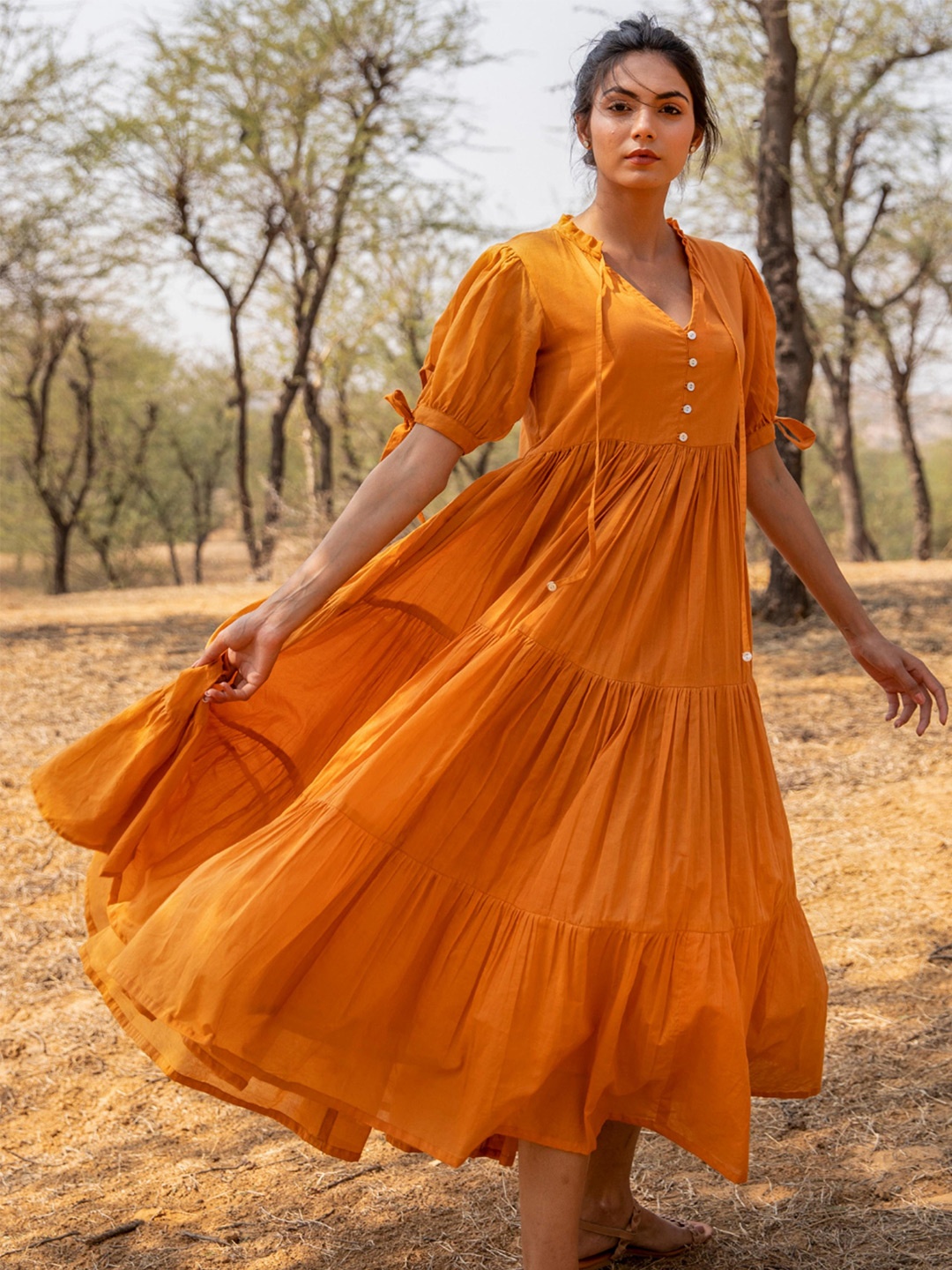 

MYAARA Tiered Cotton Midi Dress, Orange