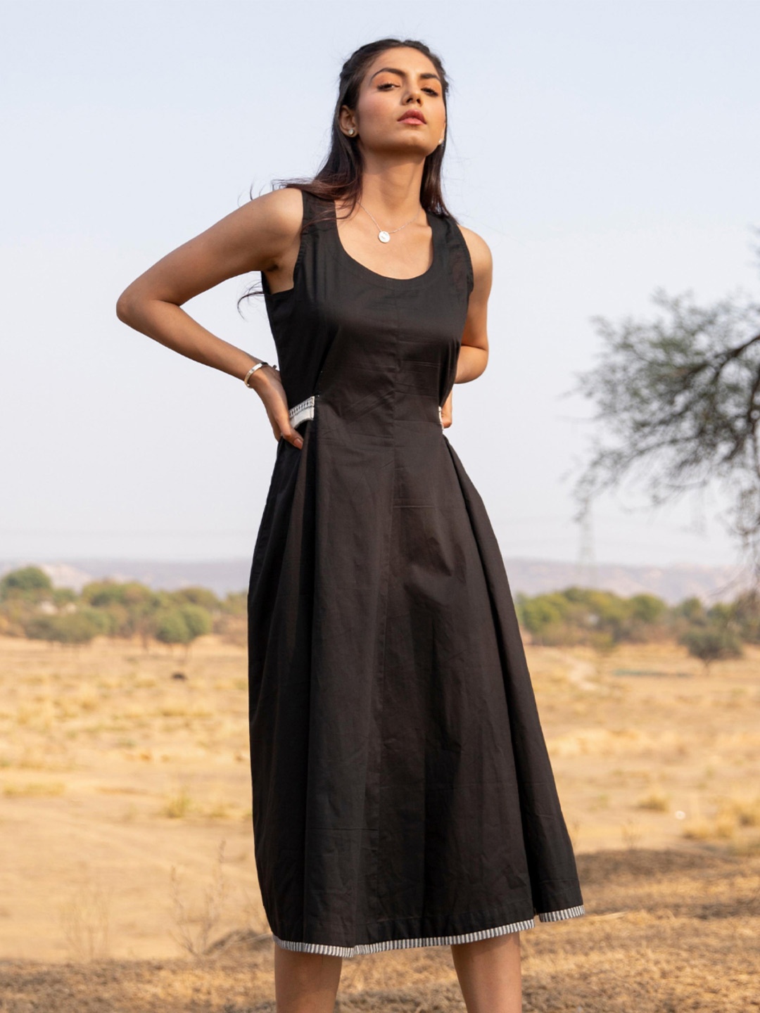 

MYAARA Tie-Up Cotton Midi Dress, Black