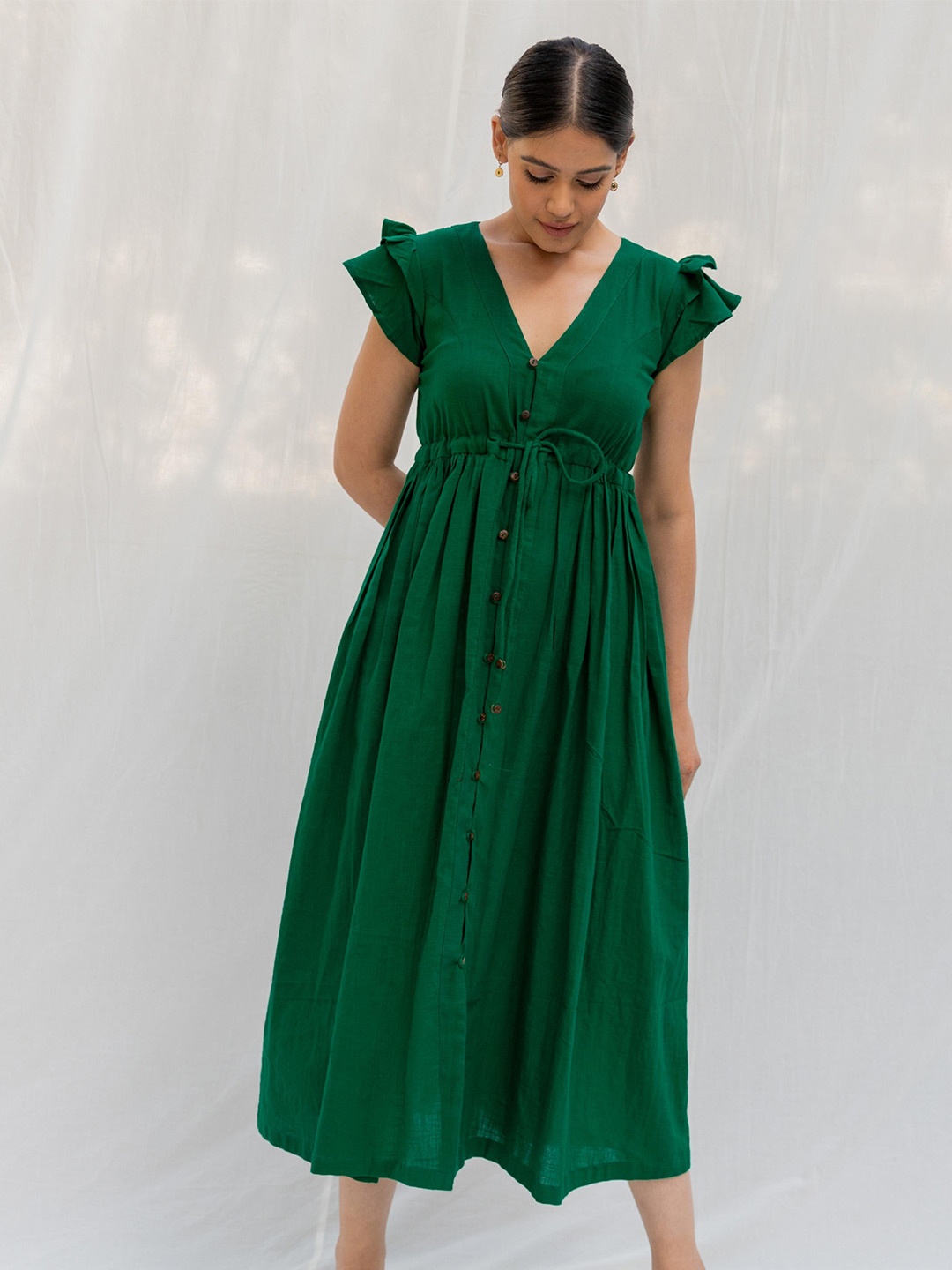 

MYAARA V-Neck Cotton Maxi Dress, Green