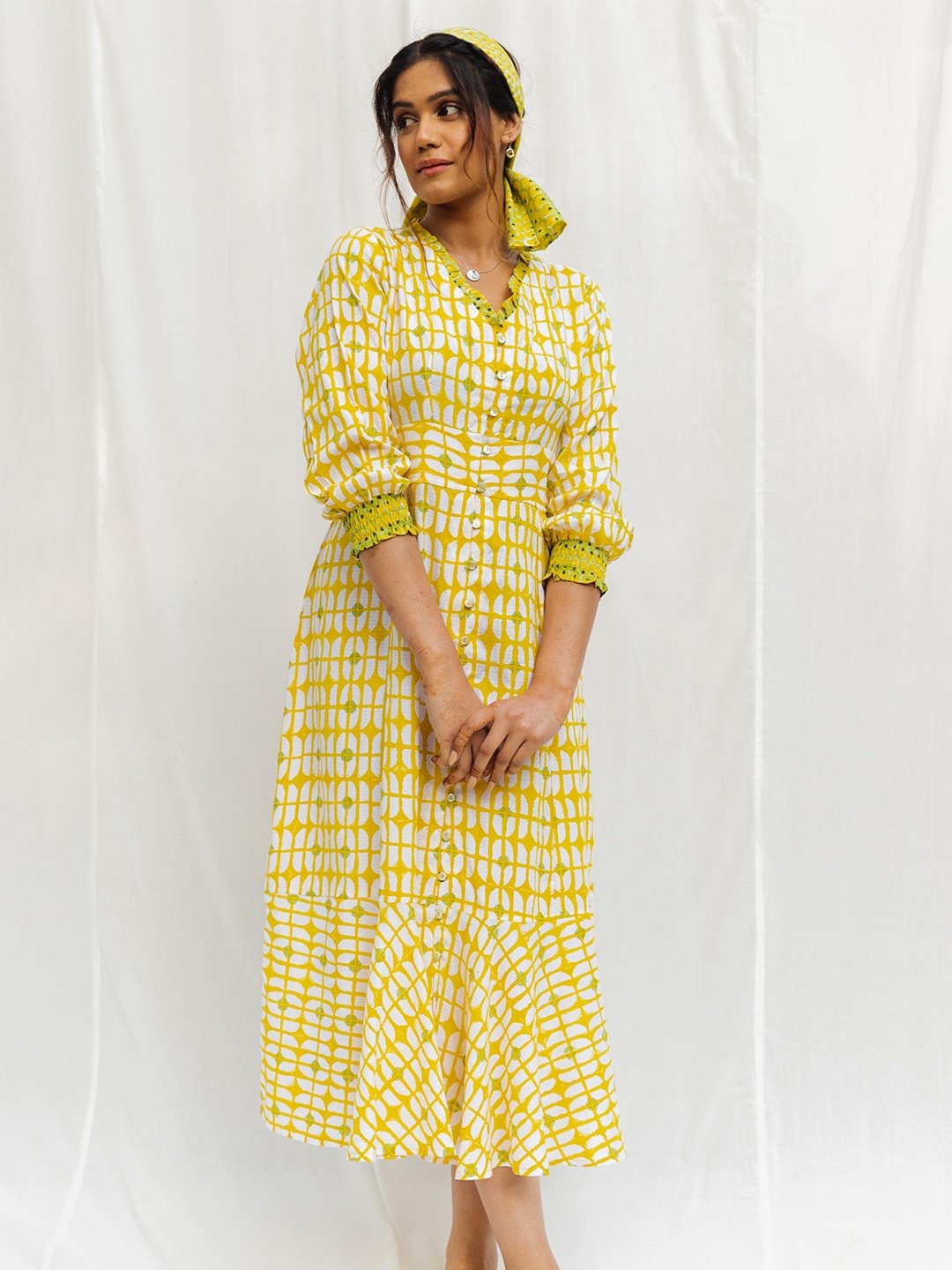 

MYAARA Printed Cotton Midi Dress, Yellow