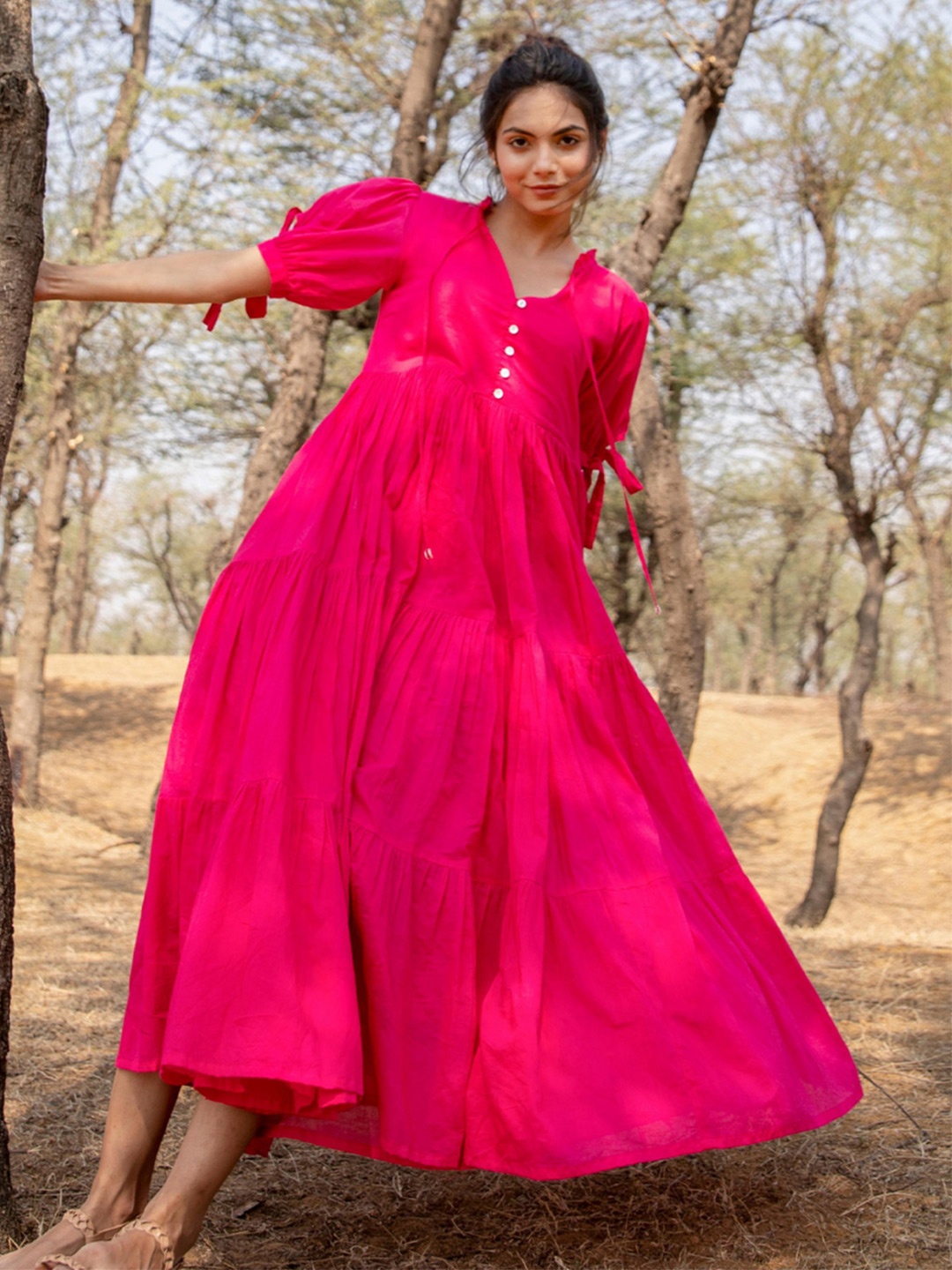 

MYAARA Tiered Cotton Maxi Dress, Fuchsia