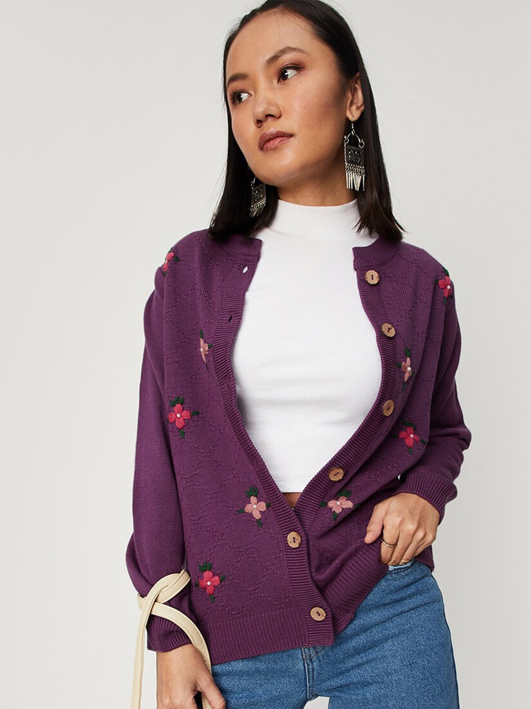 

max Women Purple & Green Floral Acrylic Cardigan