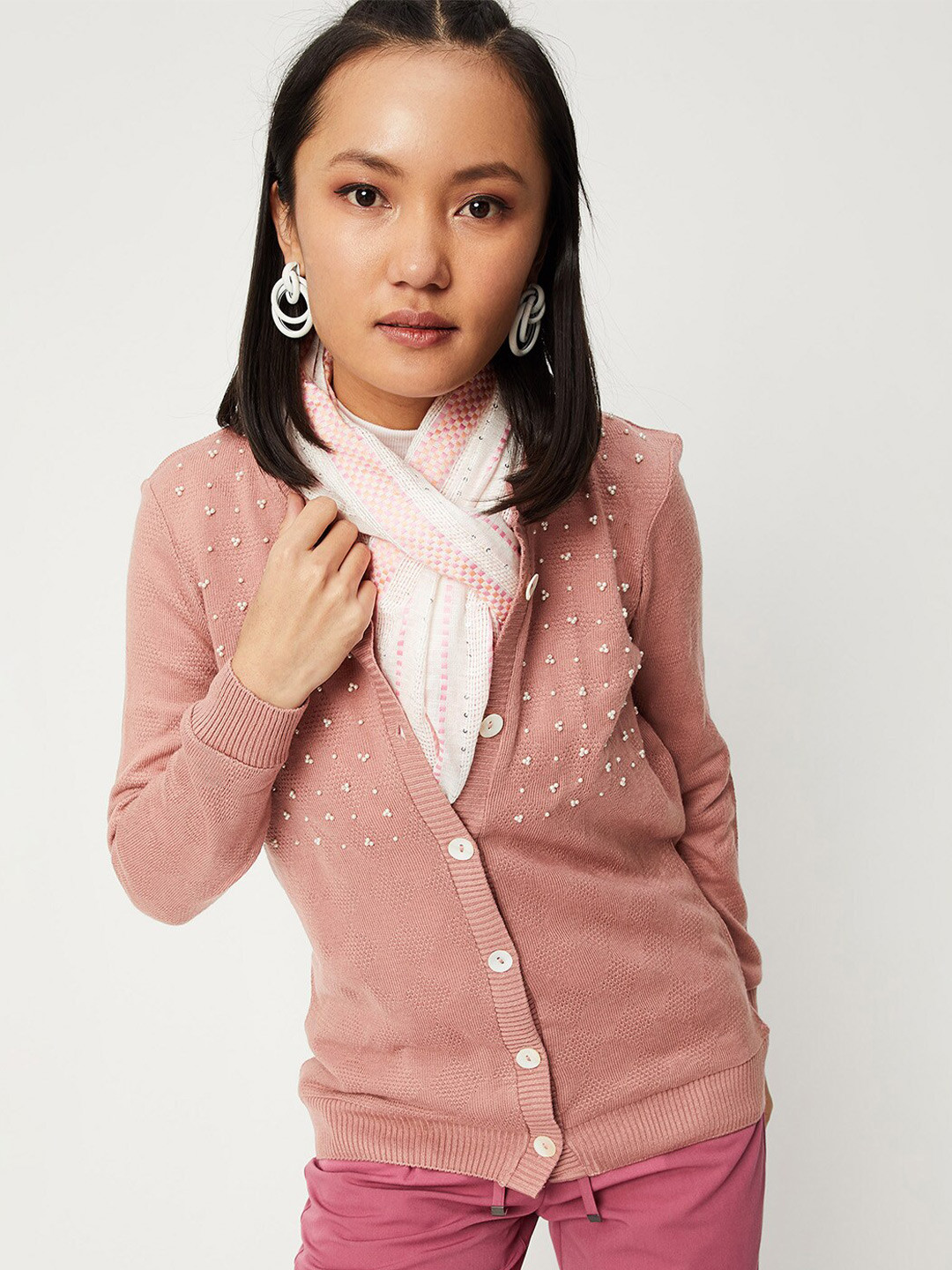 

max Women Pink Acrylic Cable Knit Cardigan