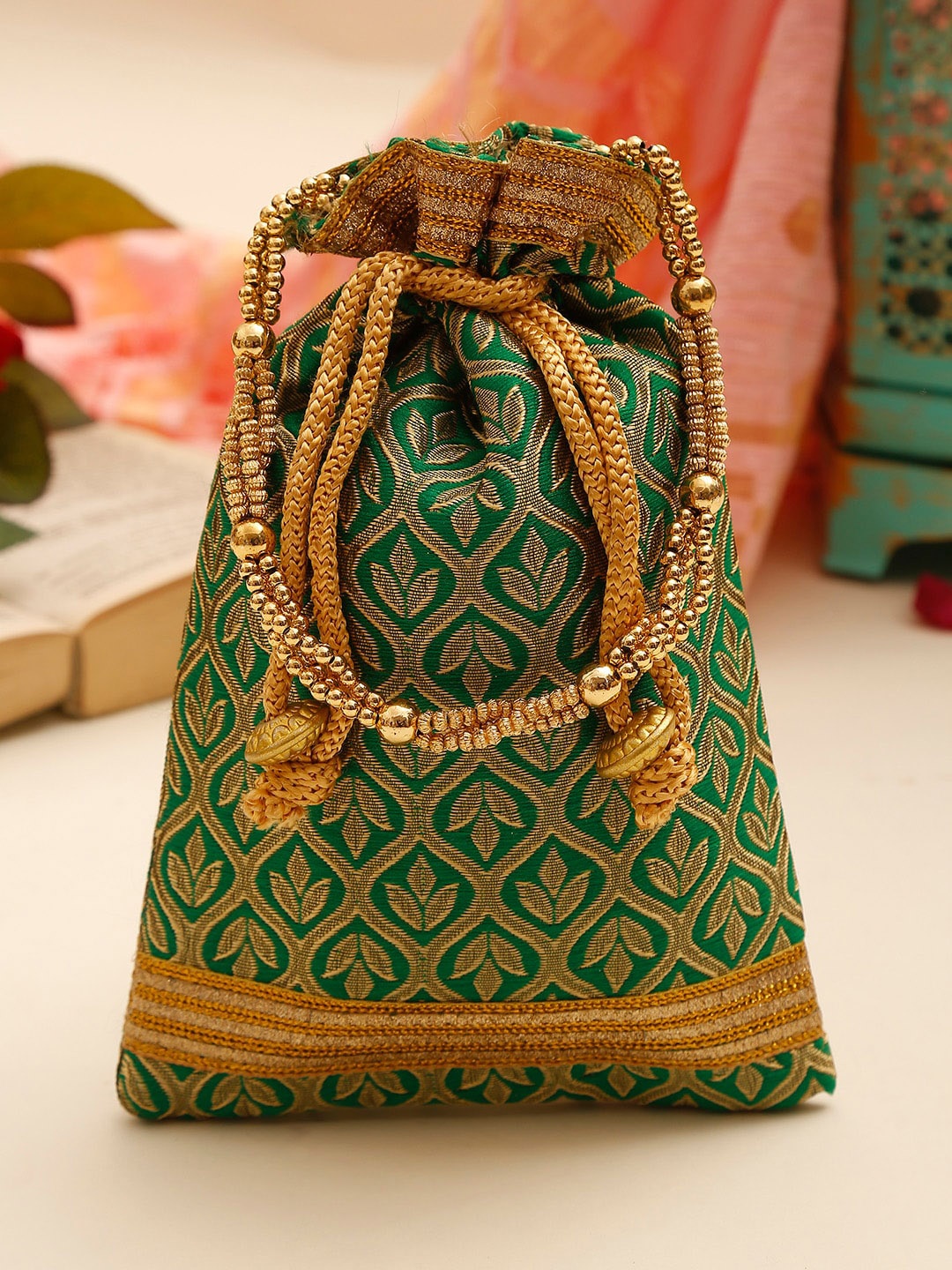 

GLAM STORY Green & Gold-Toned Printed Embellished Potli Clutch