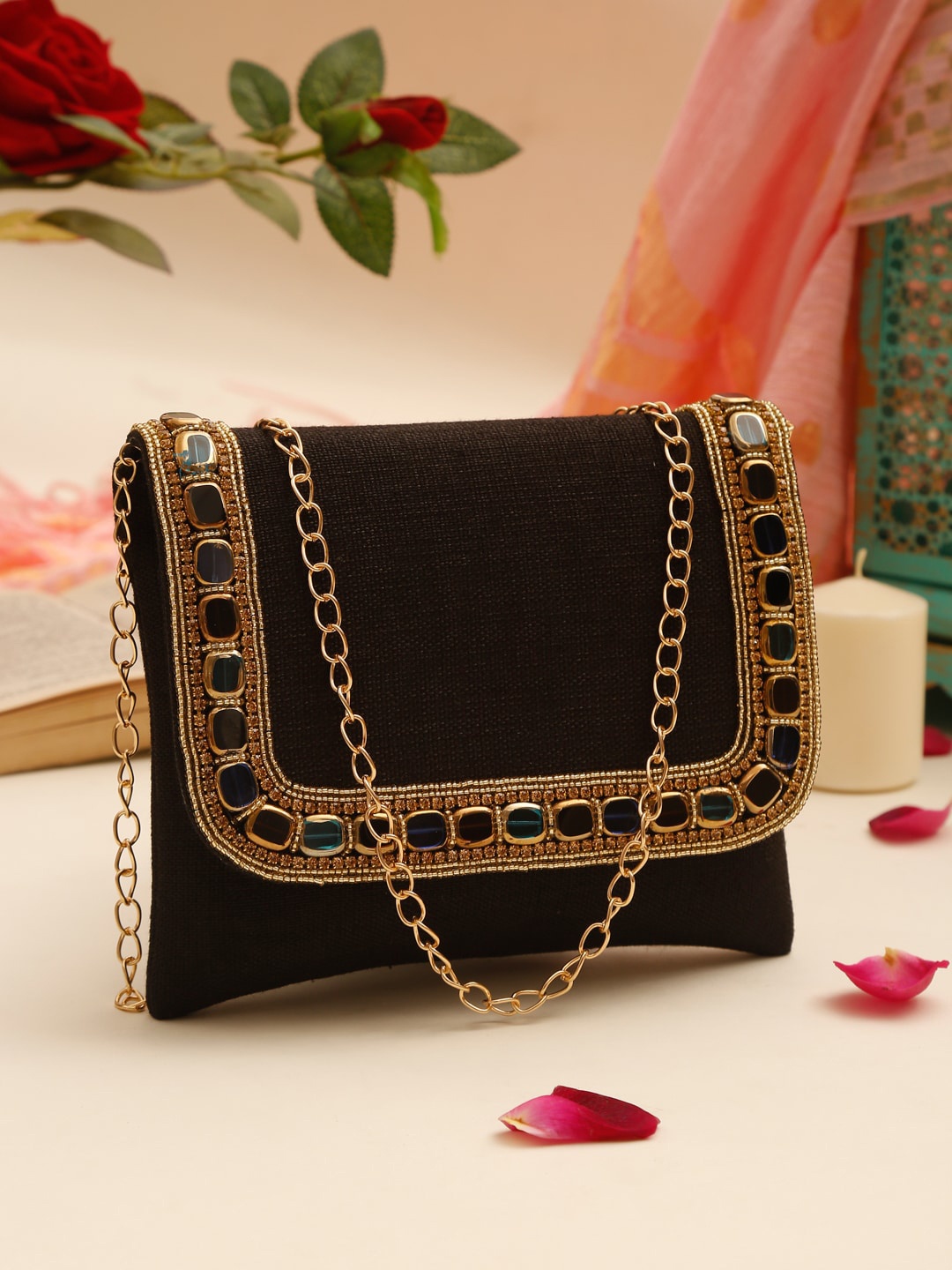 

GLAM STORY Black Embellished Envelope Clutch