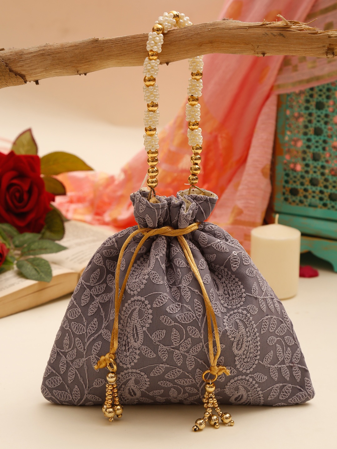 

GLAM STORY Embroidered Jute Potli Clutch, Grey