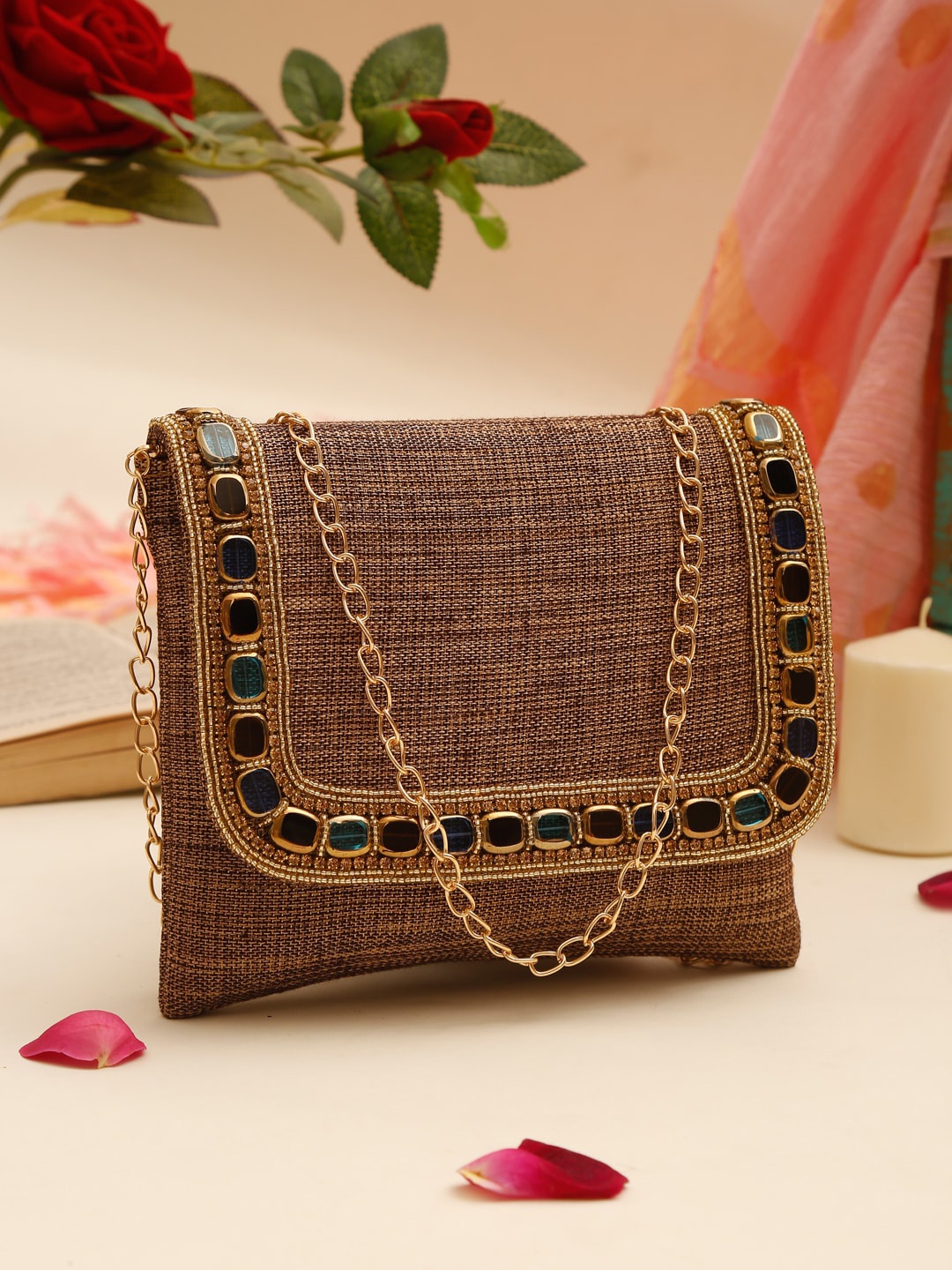

GLAM STORY Brown Embellished Envelope Clutch