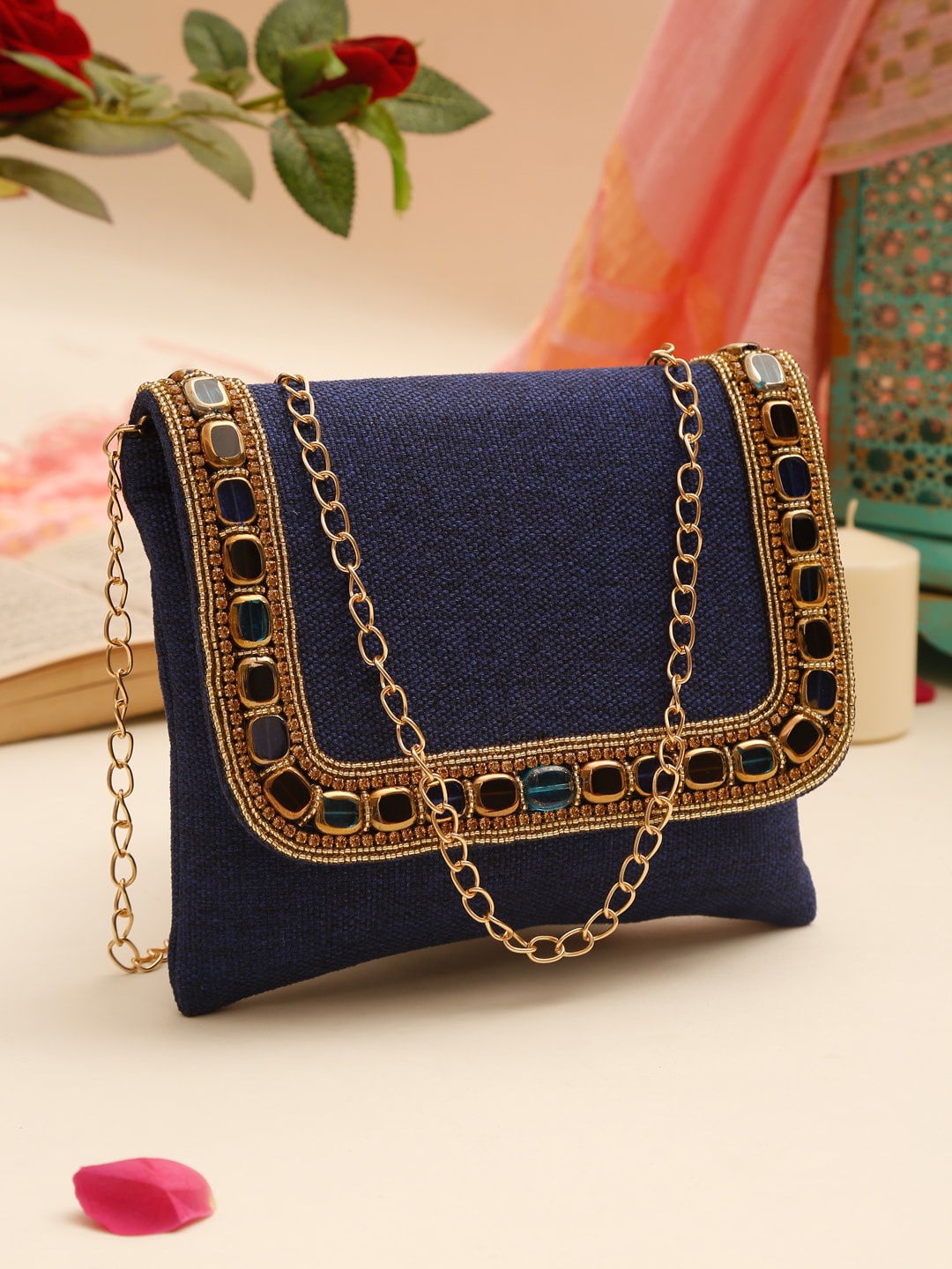 

GLAM STORY Ethnic Motifs Embellished Jute Sling Bag Handbags, Blue