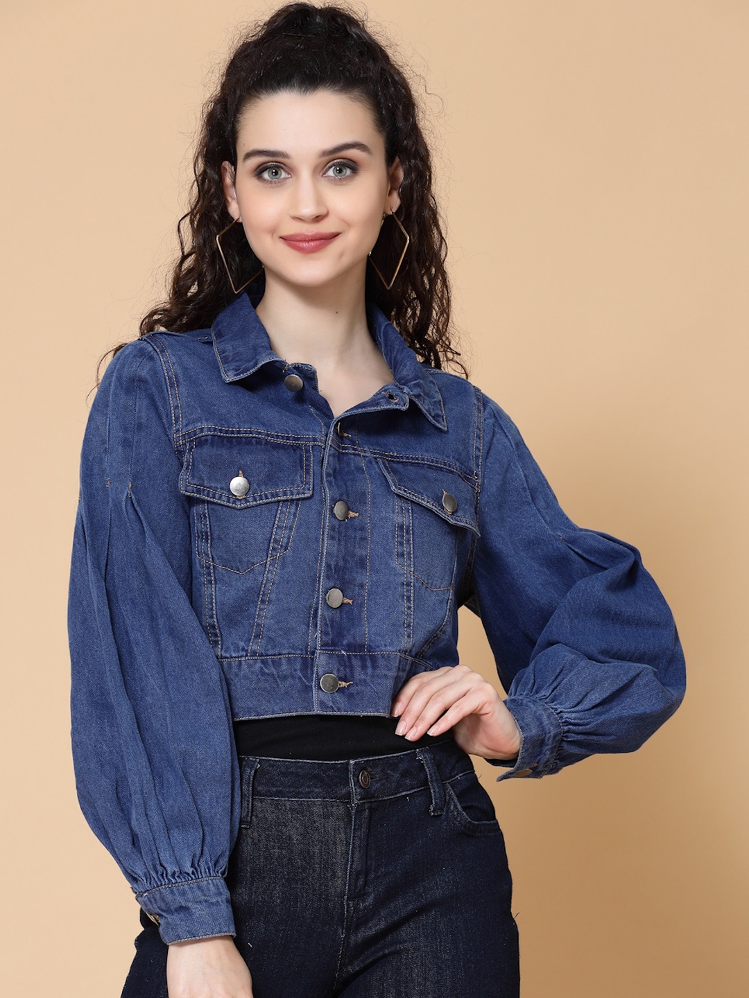 

HOUSE OF KKARMA Women Navy Blue Crop Denim Jacket