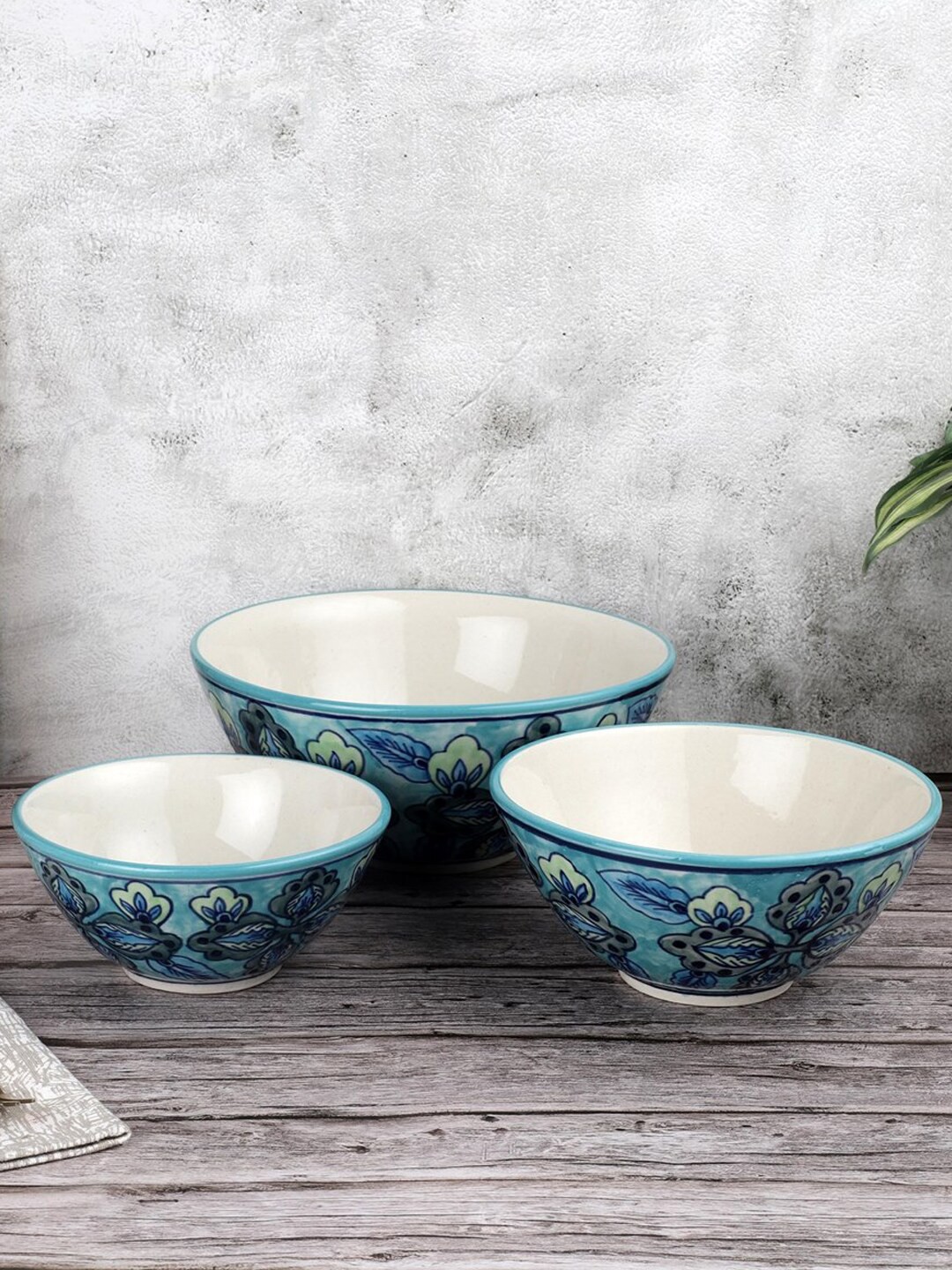 

VarEesha Vrinda Set Of 3 Green & White Printed Ceramic Serving Bowls