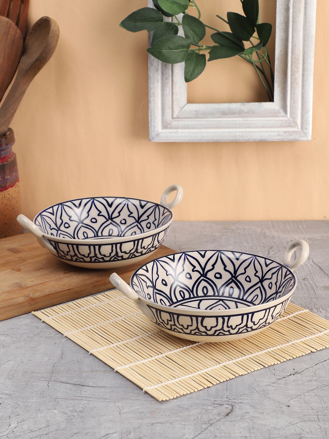 

VarEesha Mehraab Set Of 2 Off-white & Blue Printed Ceramic Kadhai Serving Bowls 500 ml