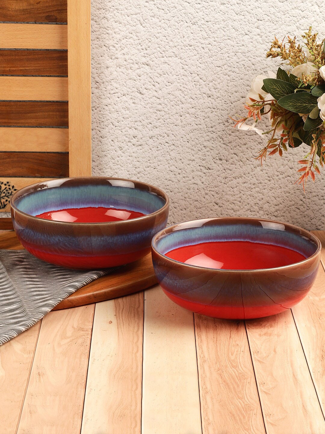 

VarEesha Zafran Set of 2 Red & Brown Studio Pottery Ceramic Serving Bowls