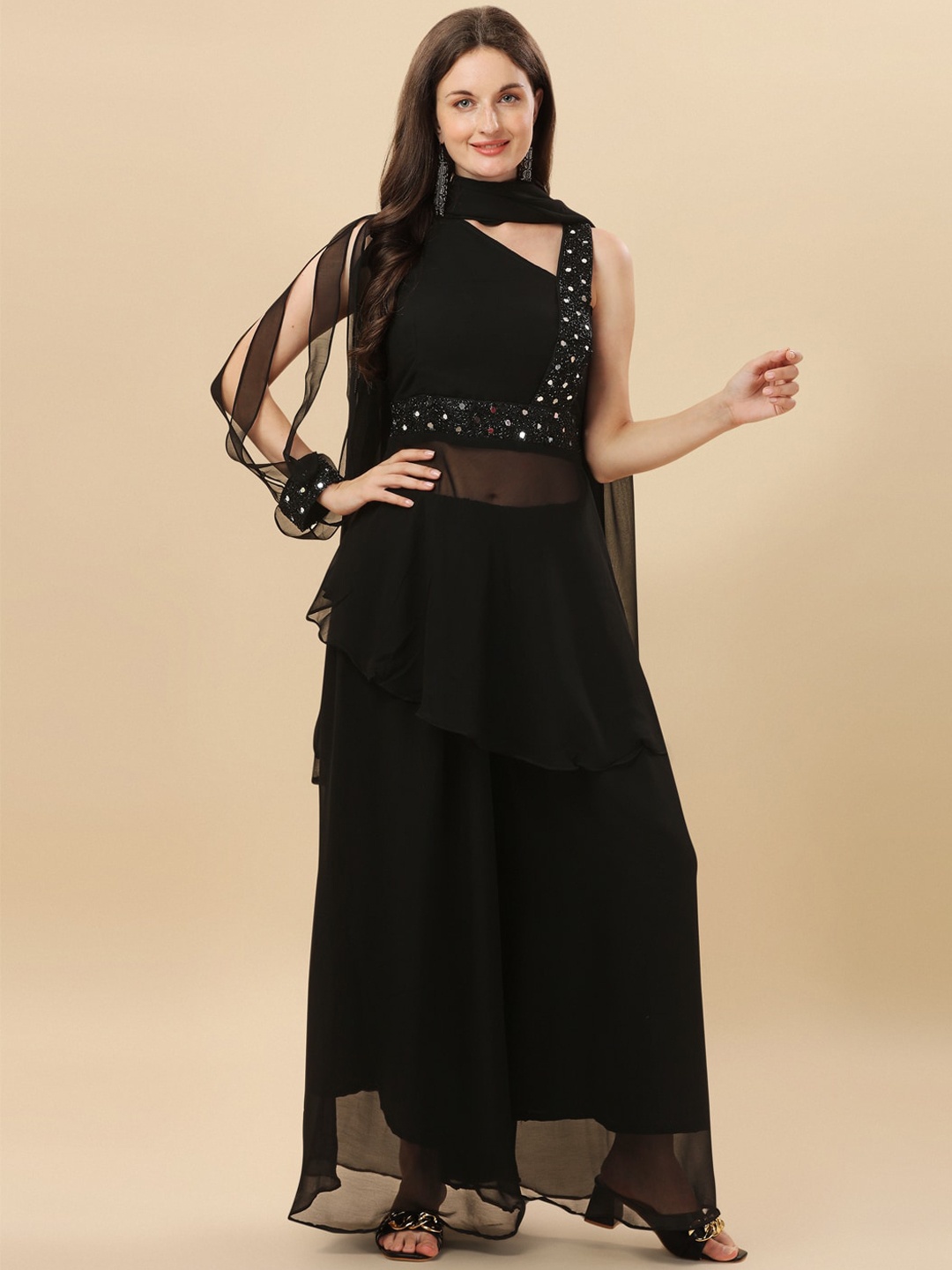 

Virah Fashion Women Black Layered Kurta with Palazzos & With Dupatta