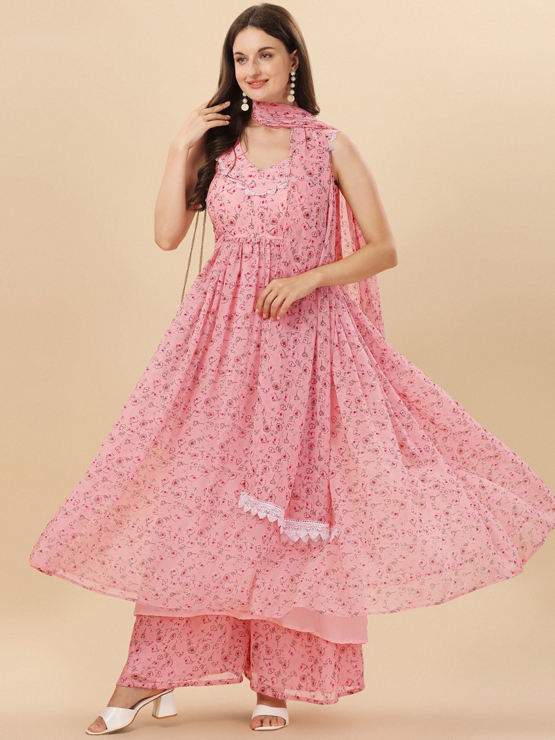 

Virah Fashion Women Pink Floral Printed Kurta with Palazzos & With Dupatta