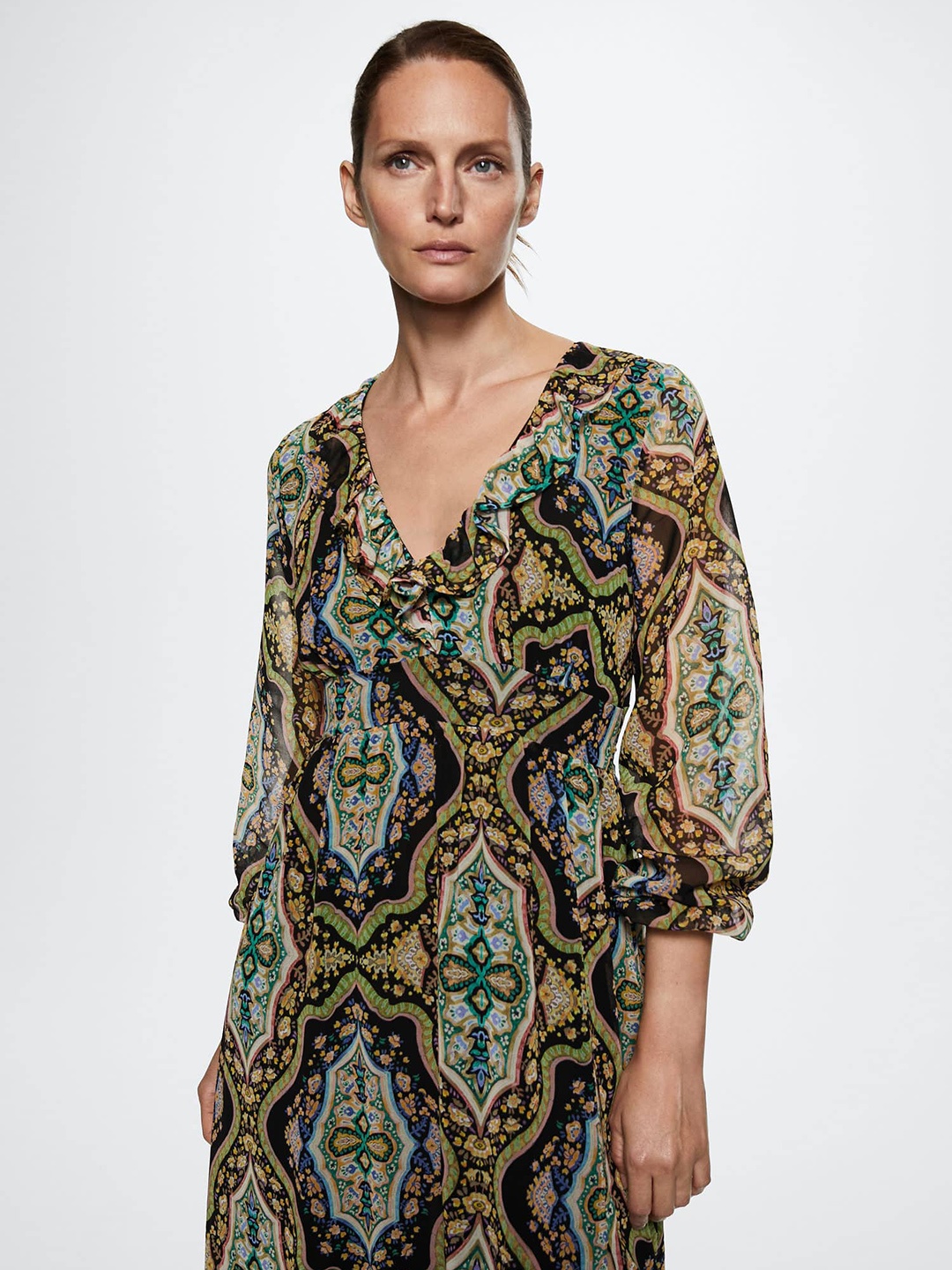 

MANGO Ethnic Motifs Print A-Line Midi Dress, Black