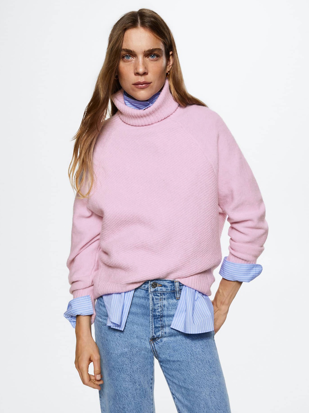 

MANGO Sustainable Turtleneck Self-Striped Raglan Sleeves Pullover, Pink