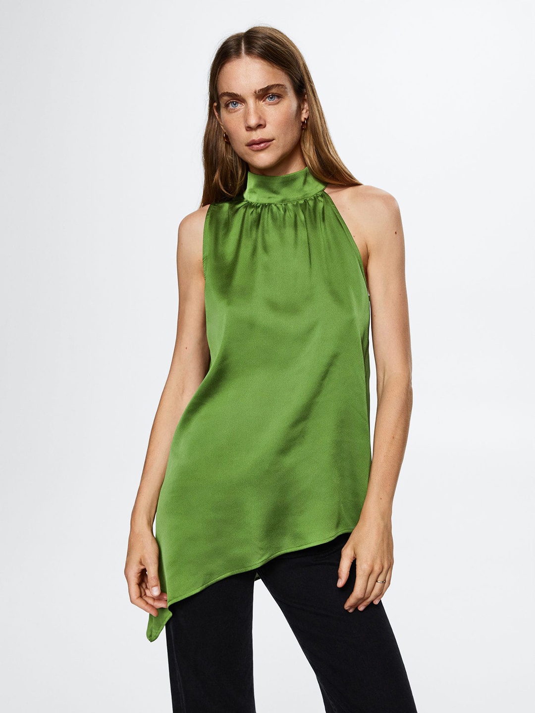 

MANGO Sustainable Satin Mandarin Collar Longline Top, Green