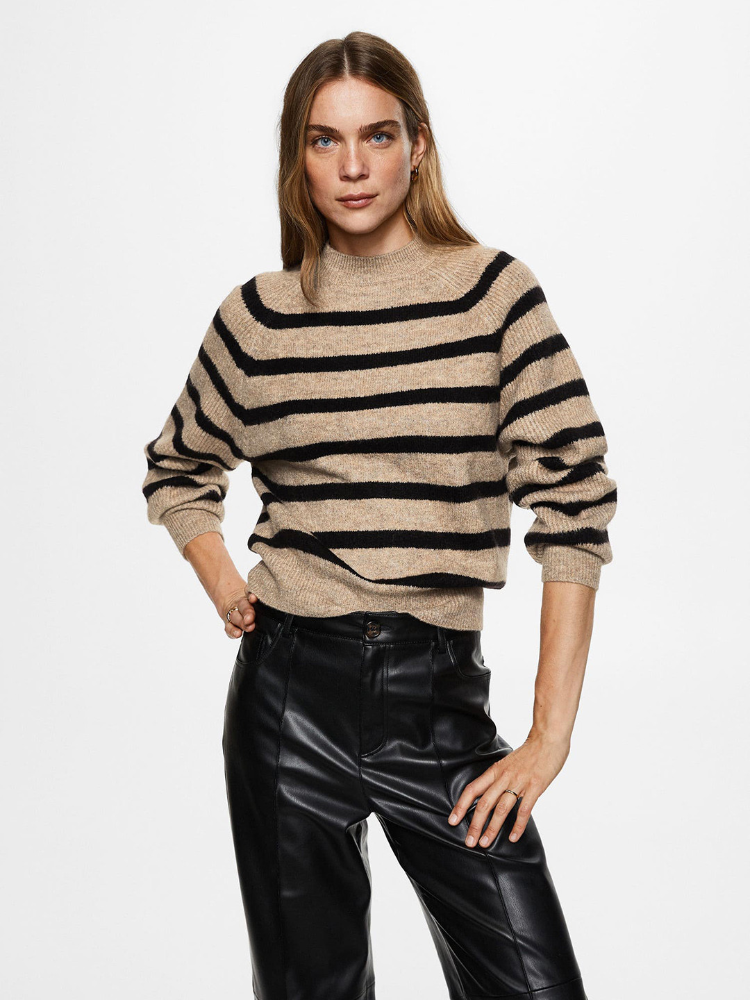

MANGO Women Sustainable Striped Pullover, Beige