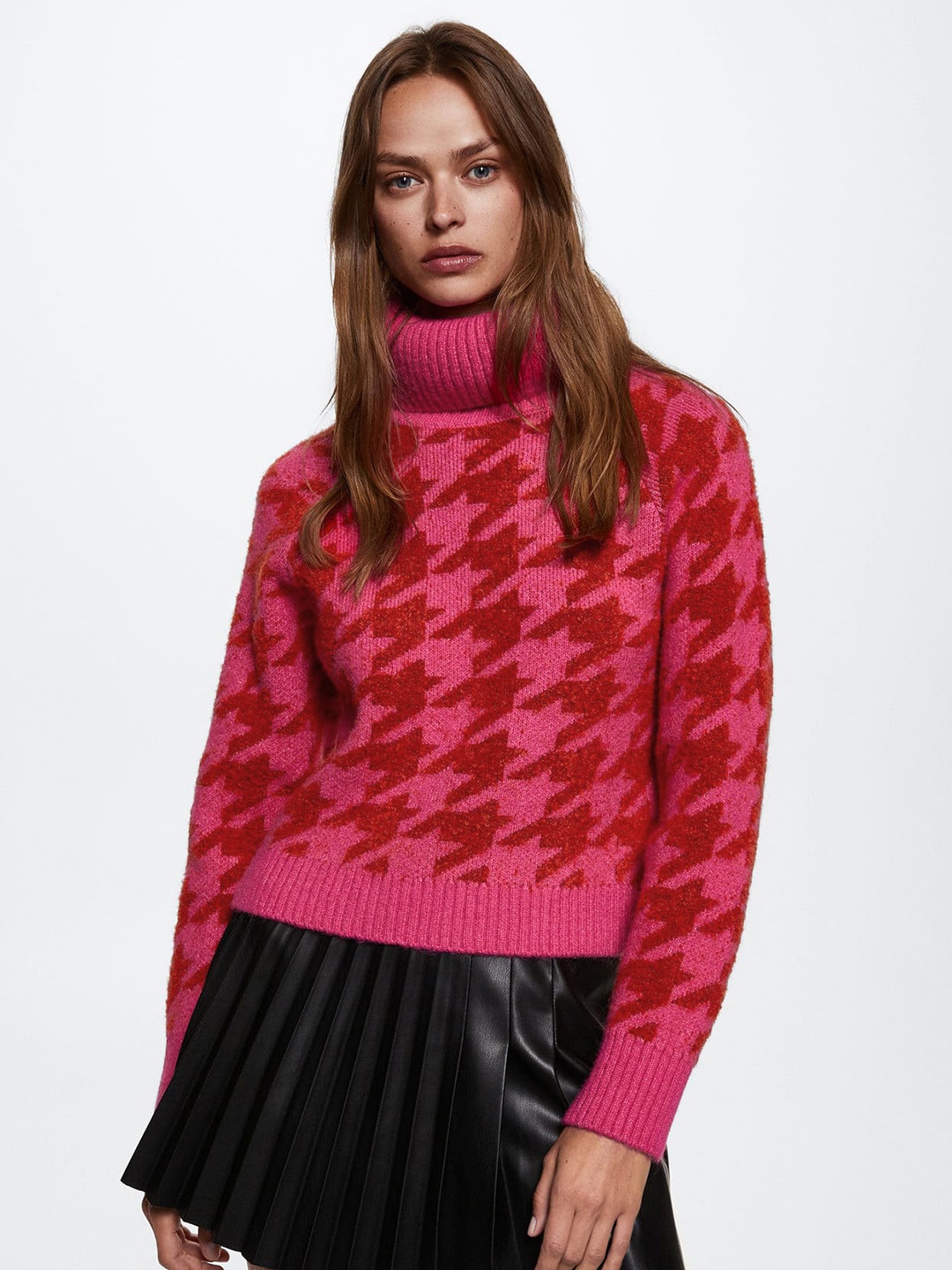 

MANGO Women Houndstooth Woven Design Pullover, Pink