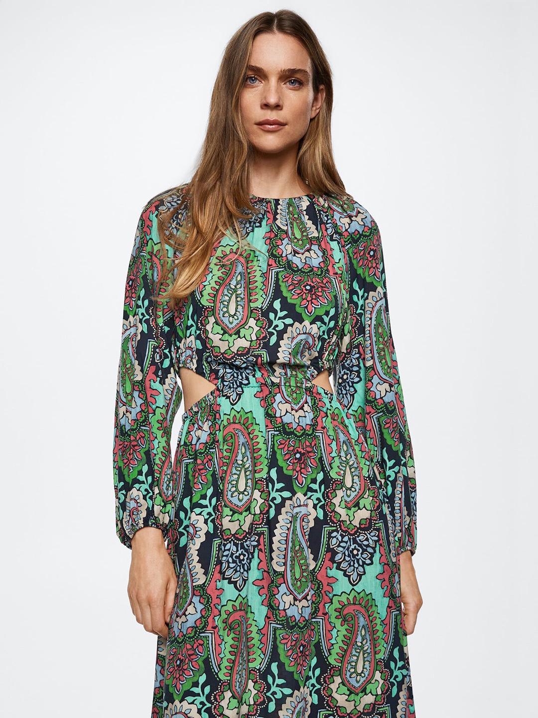 

MANGO Sustainable Paisley Print Maxi Dress with Cut-Outs, Black