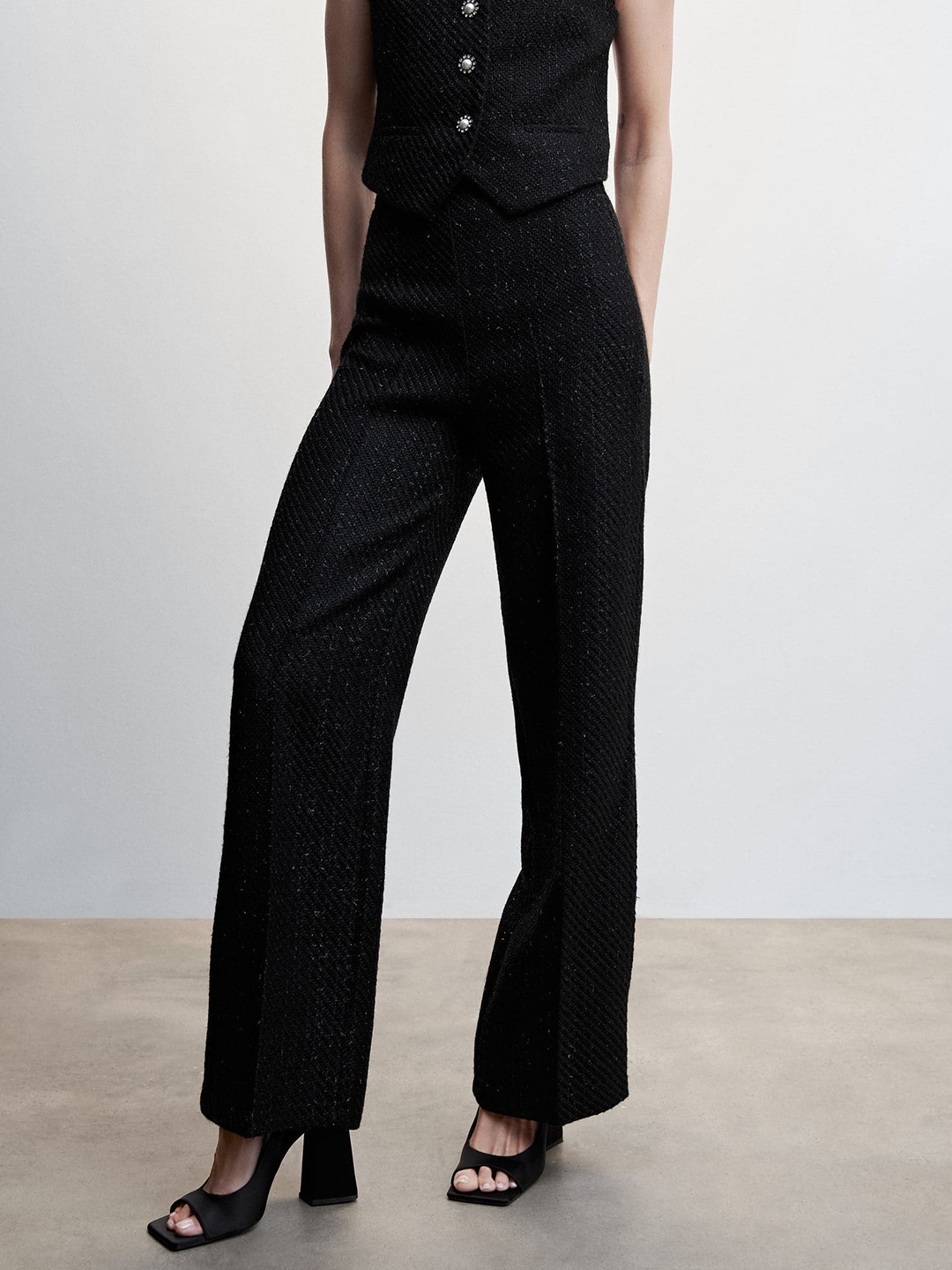 

MANGO Women Tweed Jewel Button High-Rise Trousers, Black