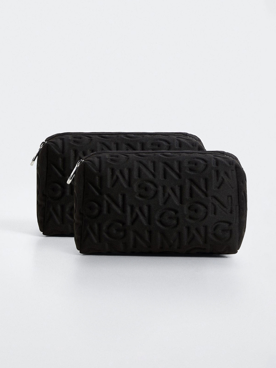

MANGO Women Pack Of 2 Brand Logo Textured Cosmetic Pouches, Black