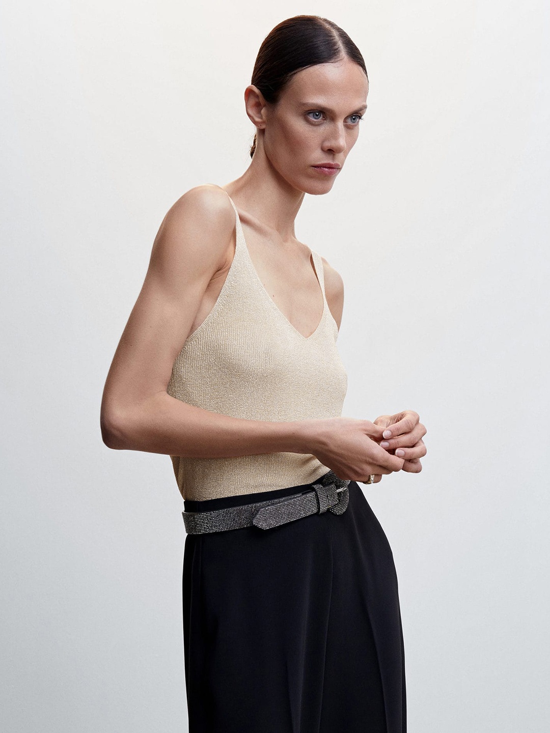 

MANGO Sheen Shoulder Straps Knitted Top, Beige