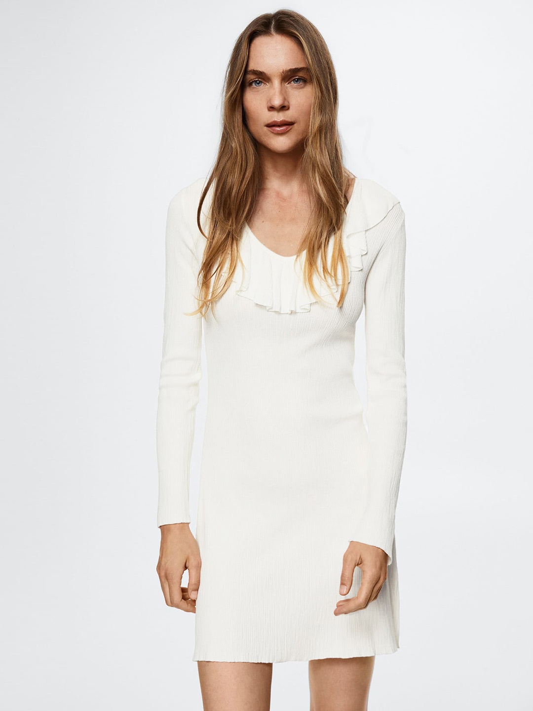

MANGO Ruffled Knitted A-Line Dress, Off white