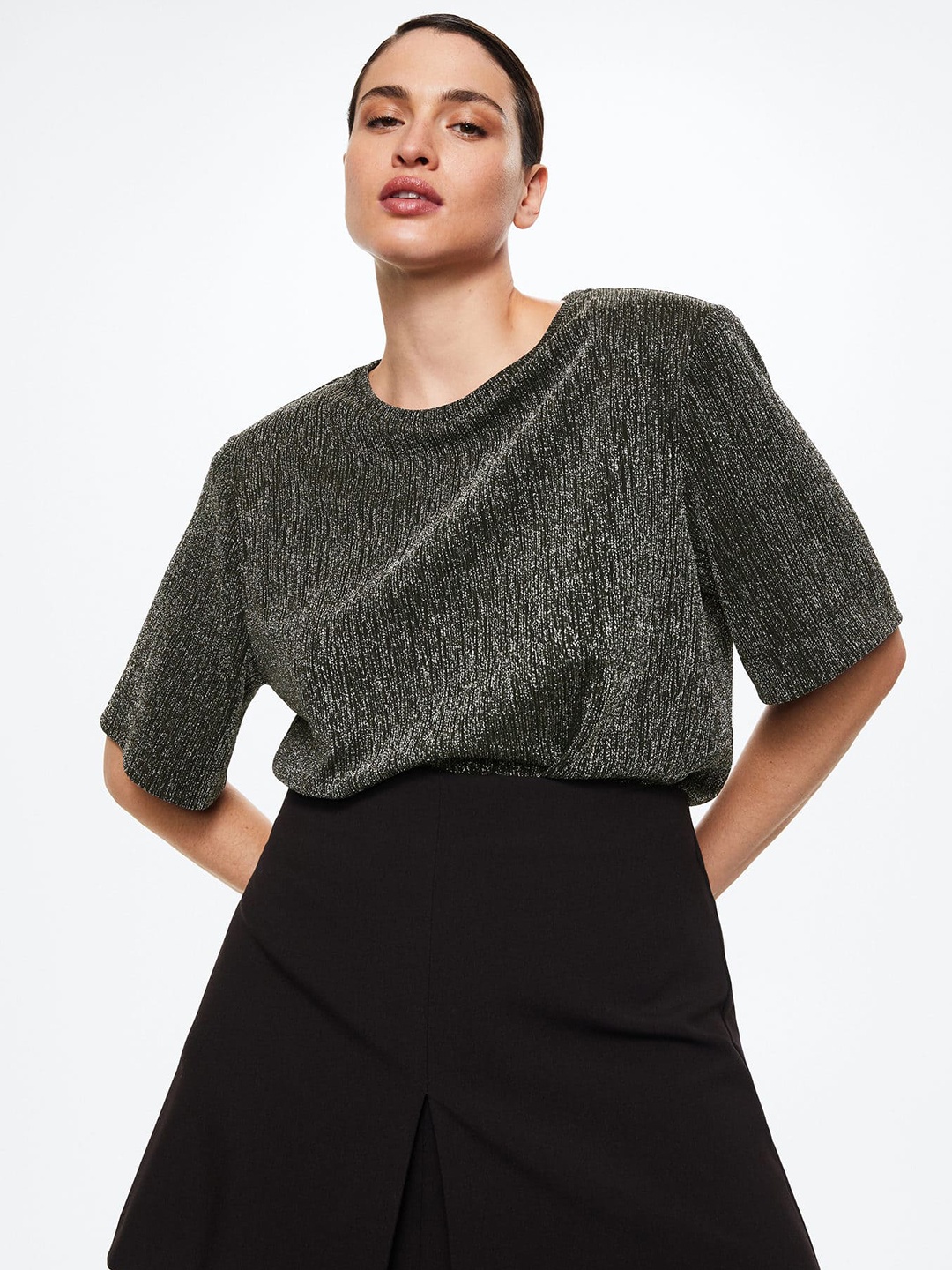 

MANGO Shimmer Shoulder Pads Top, Black