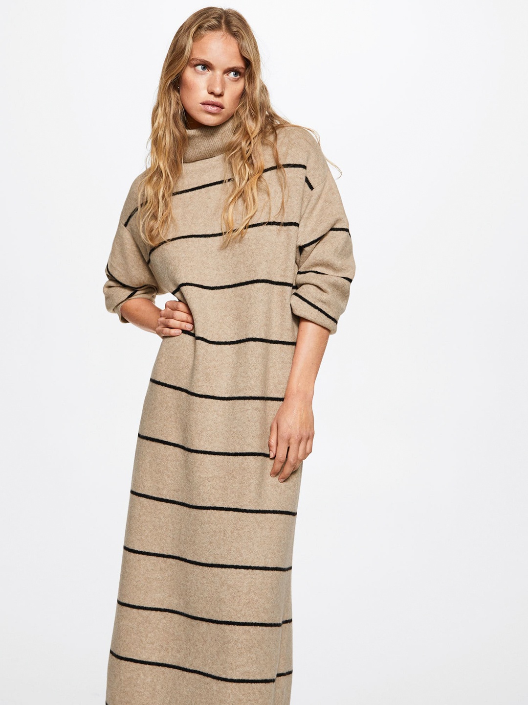 MANGO Sustainable Turtleneck Striped Oversized Jumper Maxi Dress, Beige
