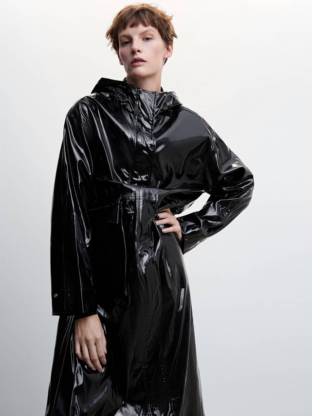 

MANGO Patent Leather Water-Resistant Hooded Longline Tailored Jacket, Black