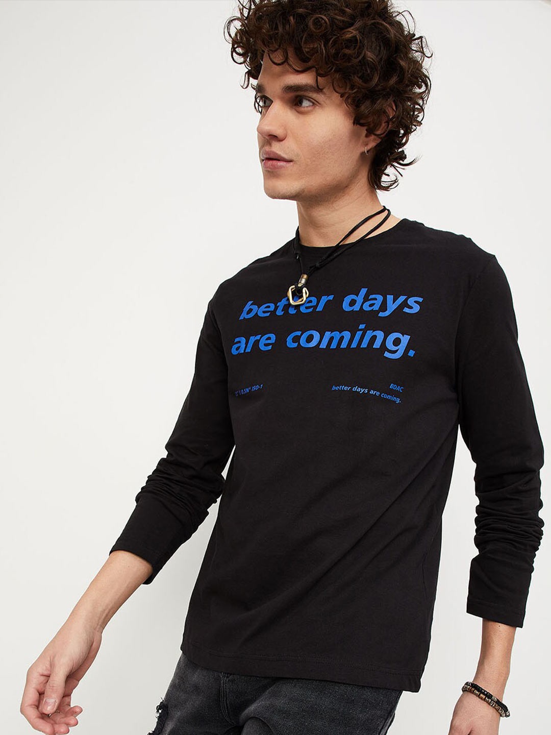 

max Men Black Typography Printed Cotton T-shirt