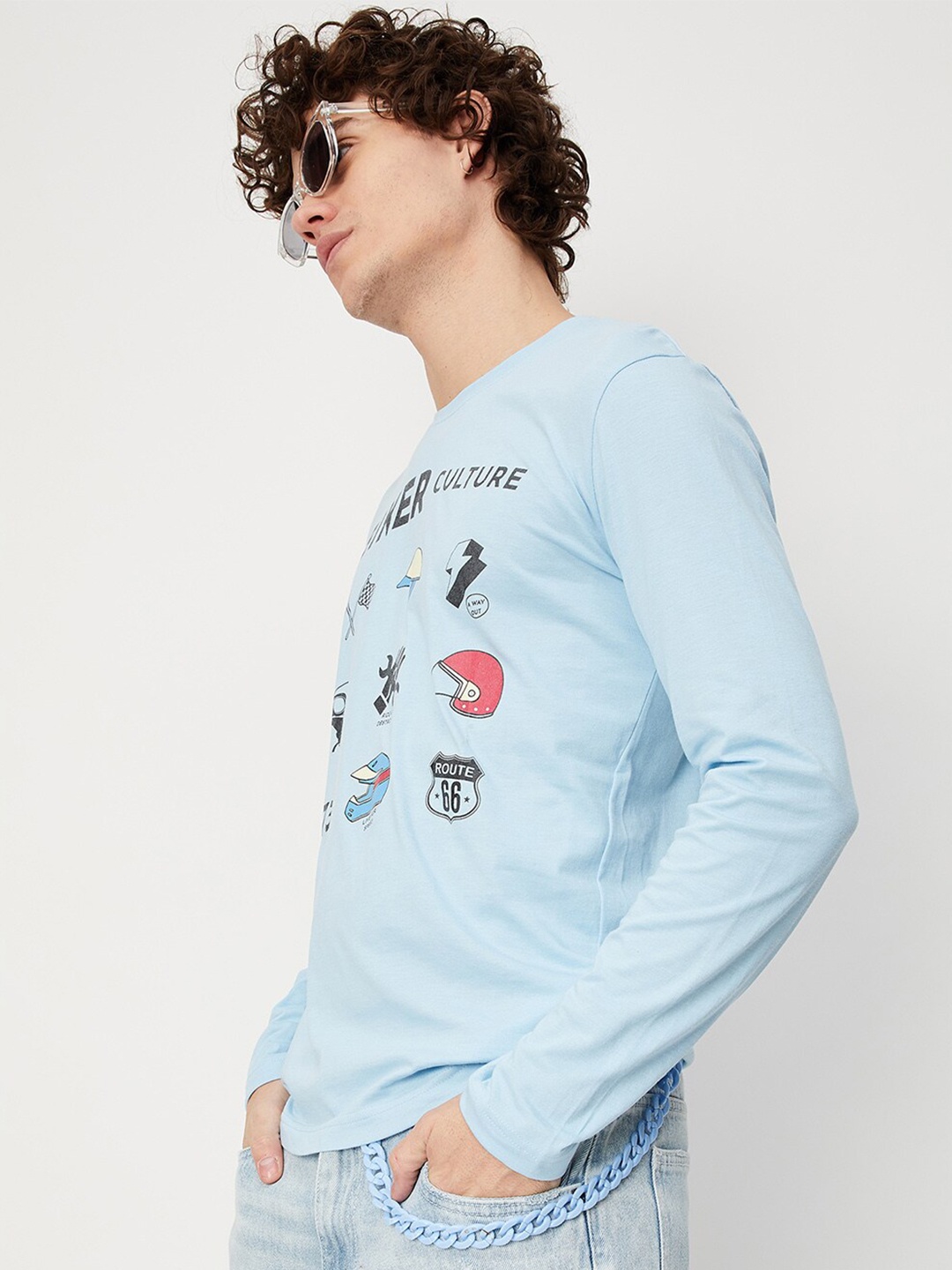 

max Men Blue Cotton Typography Printed T-shirt