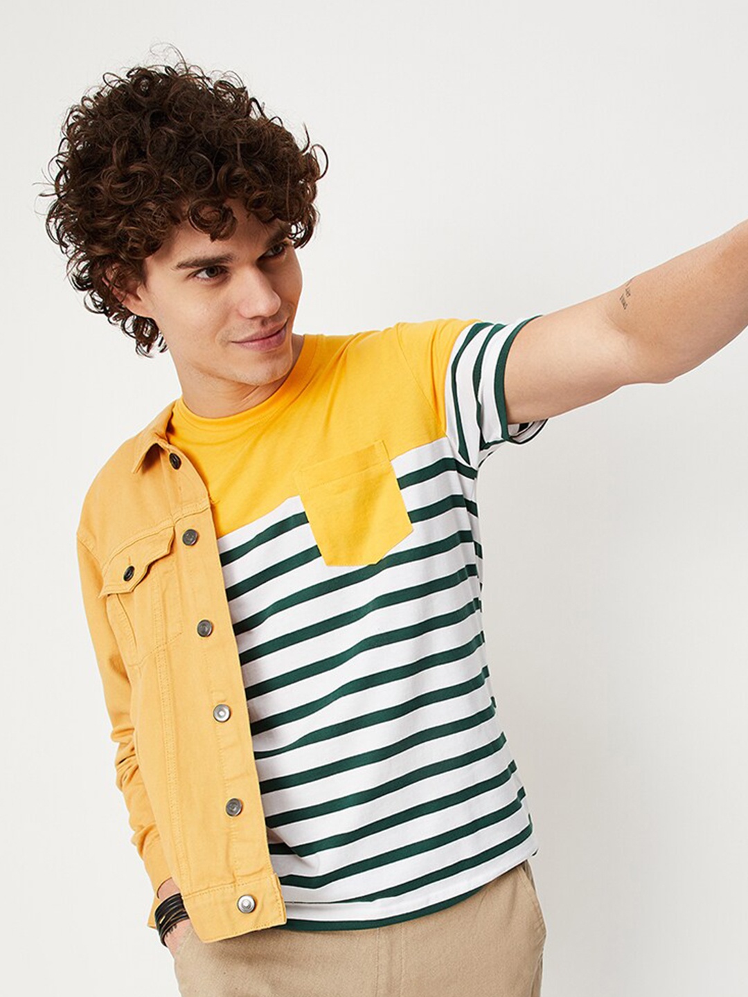 

max Men Yellow Cotton Striped T-shirt