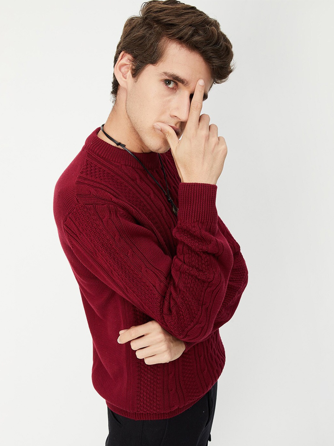 

max Men Red Cable Knit Pure Cotton Pullover