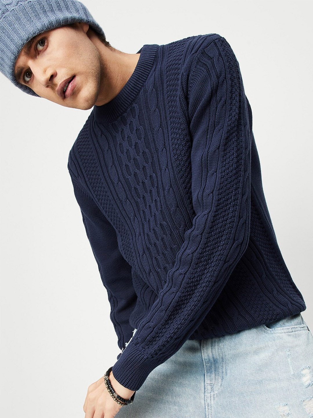 

max Men Blue Cable Knit Pure Cotton Pullover