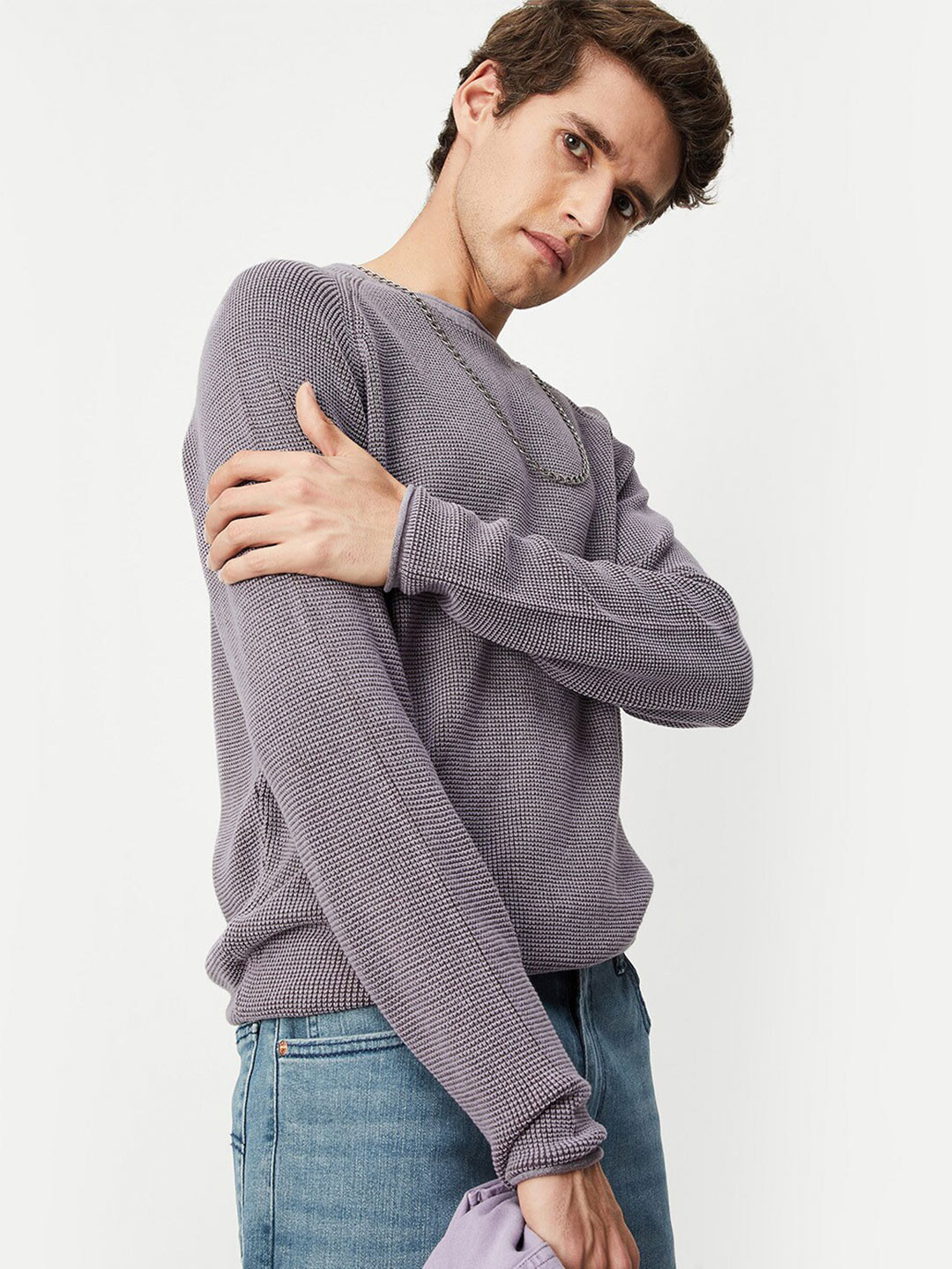 

max Men Purple Cable Knit Pure Cotton Pullover
