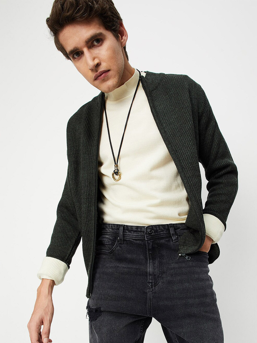 

max Men Green Cable Knit Acrylic Cardigan
