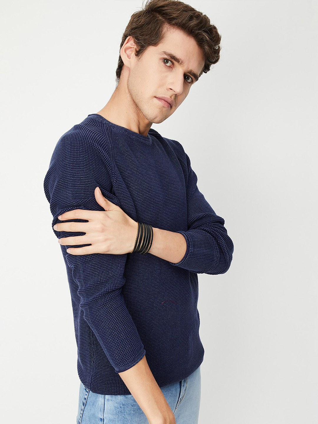 

max Men Blue Cable Knit Pure Cotton Pullover