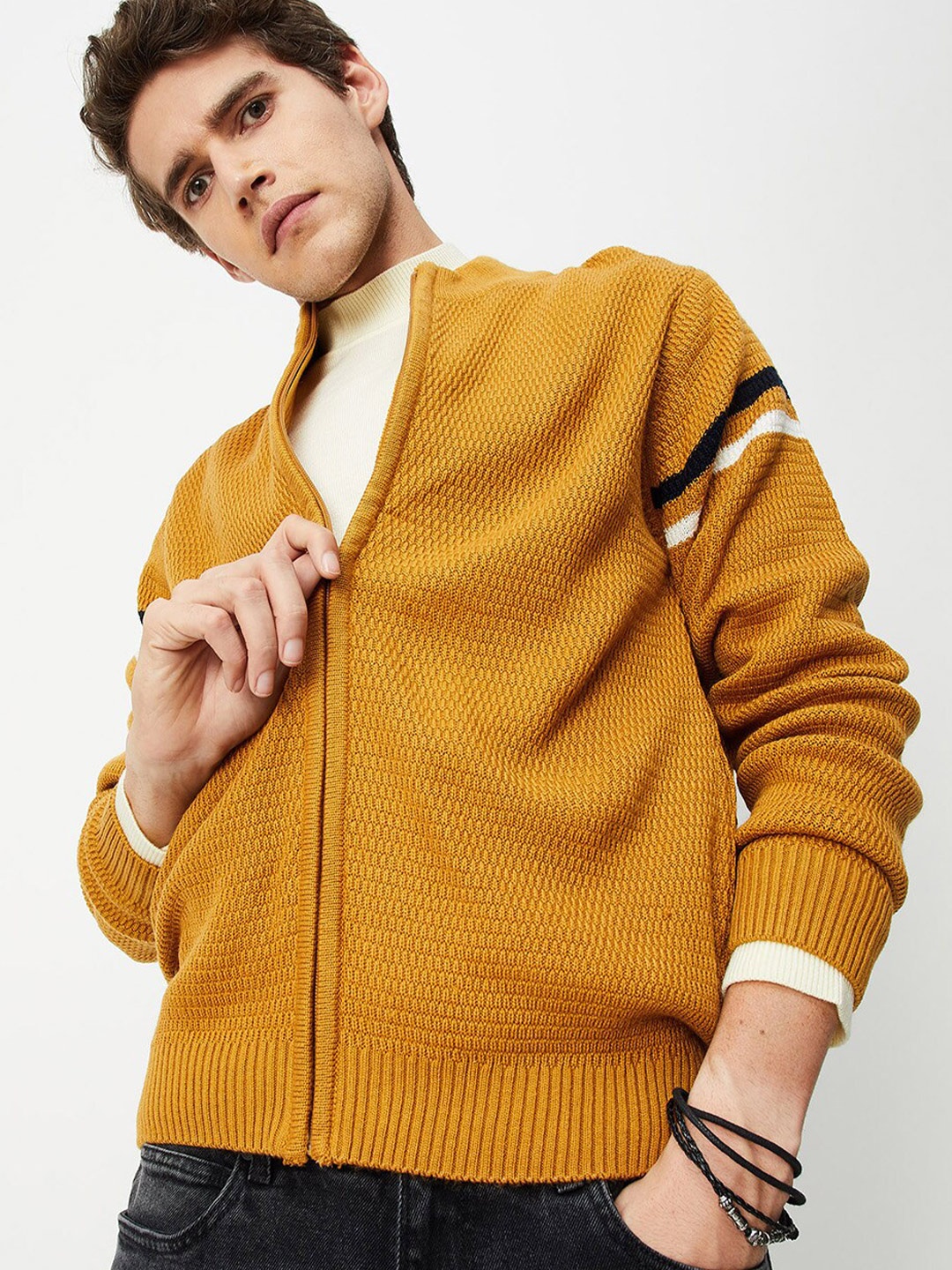 

max Men Yellow & White Cable Knit ACrylic Cardigan