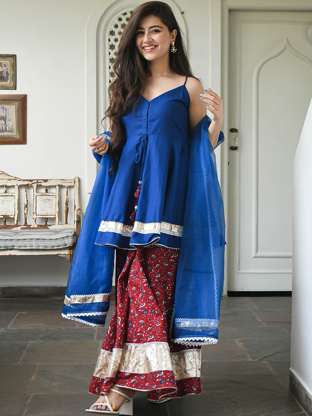 

Bunaai Empire Gotta Patti Pure Cotton Kurta with Sharara & With Dupatta, Blue